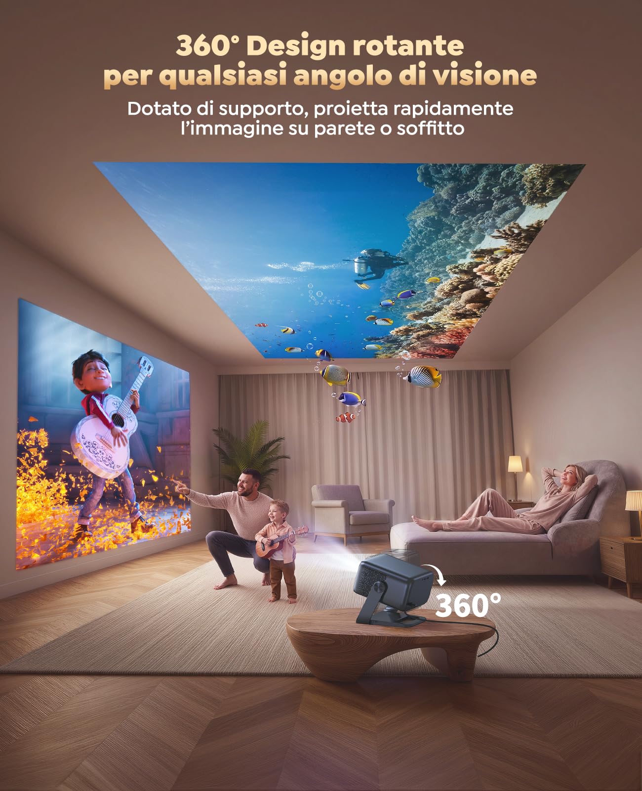 Proiettore 4K【Google TV, 1200 ANSI, 360° Rotazione, 30W HiFi】Videoproiettore HDR10 Auto Focus e 6D Keystone, WiFi Bluetooth, Proiettore Portatile Controllo Vocale, Projector Soffitto e Home Cinema