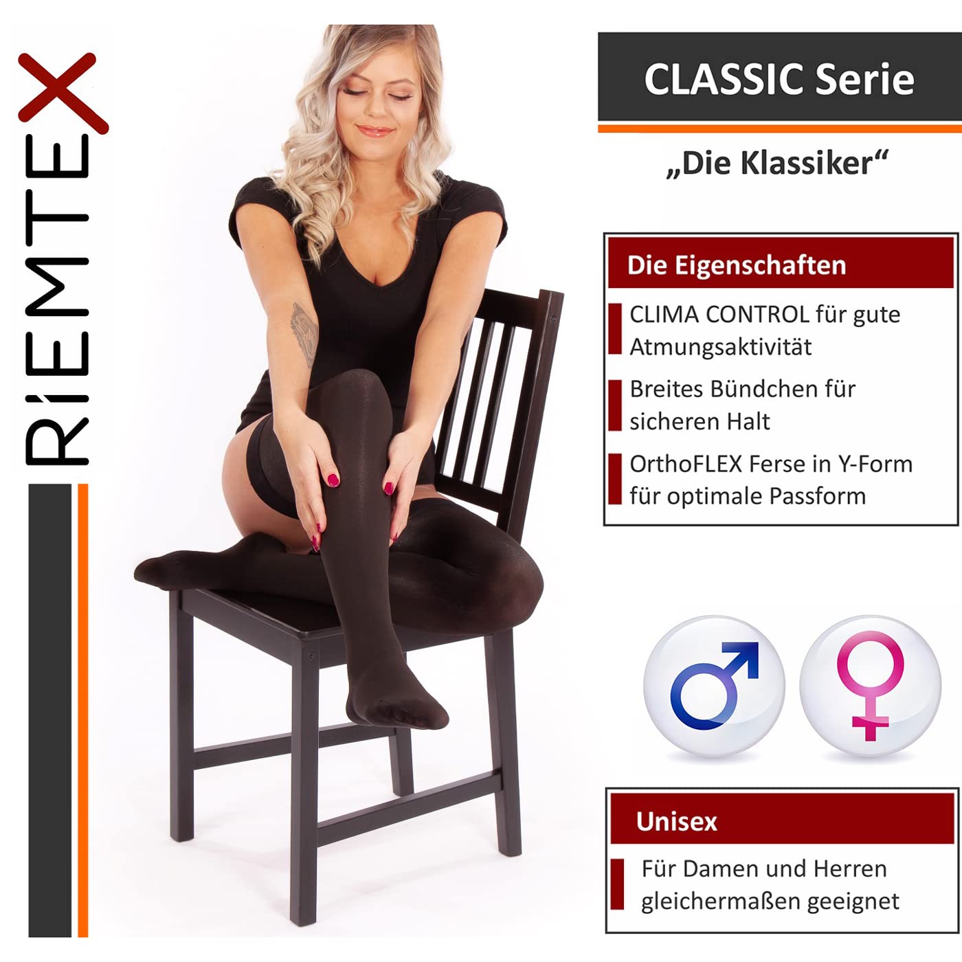 RIEMTEX Kompressionsstrümpfe Schenkel CCL2 Damen Herren geschlossen 7231 | 23–32 mmHg | Classic Serie 7231 | Schwarz oder Beige | Wunderbar weiches Gewebe