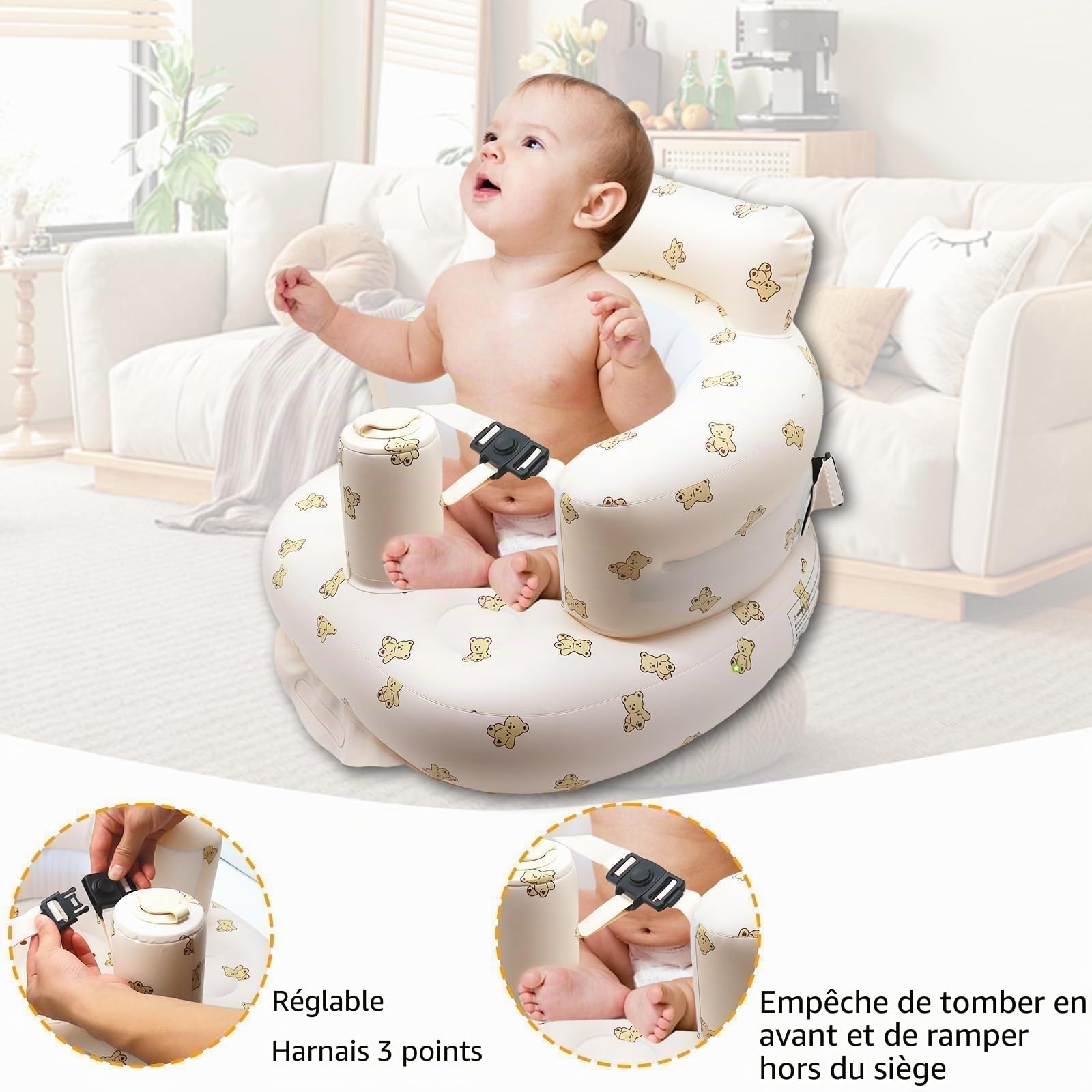 Siège Gonflable Pour Bébé de 3 Mois Plus, Chaise Gonflable Bebe avec Ceinture de Sécurité, Dispositif d'assistance à la Siège Pour Tout-petits Pliable, avec Pompe Intégrée (Ours)