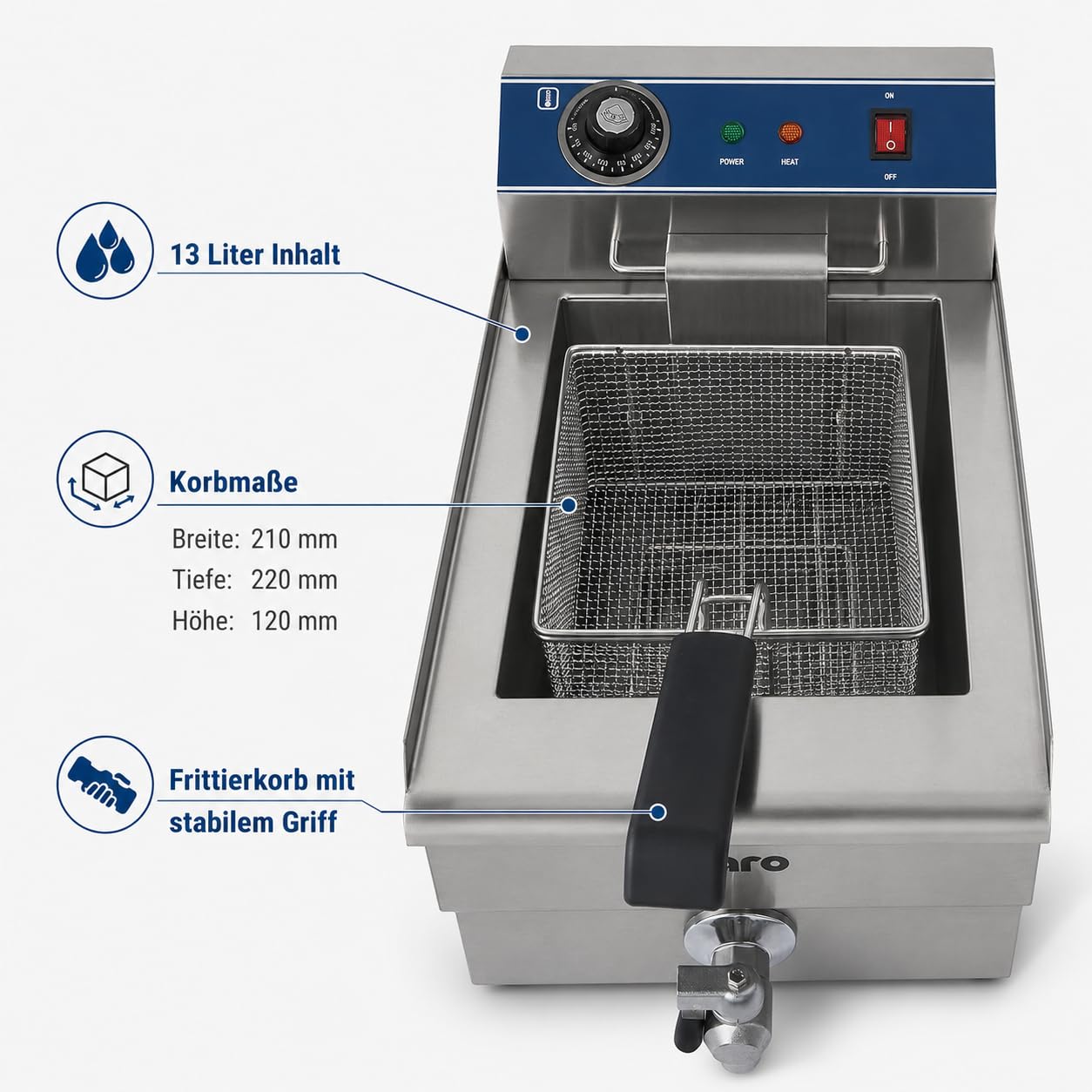 SARO Fritteuse aus Edelstahl – 13 L – Mit Ablasshahn - Abgerundetes Becken mit Kältezone – Stufenlose Temperaturregelung – Herausnehmbares Heizelement – 0–180 °C – 3,3 kW – Modell FT 13