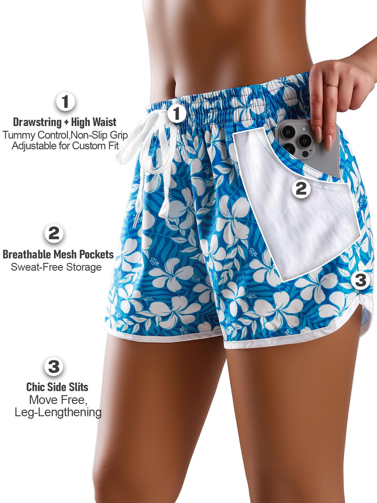 Pantaloncini da bagno da donna ad asciugatura rapida, pantaloncini da spiaggia a vita alta, estivi, con tasca