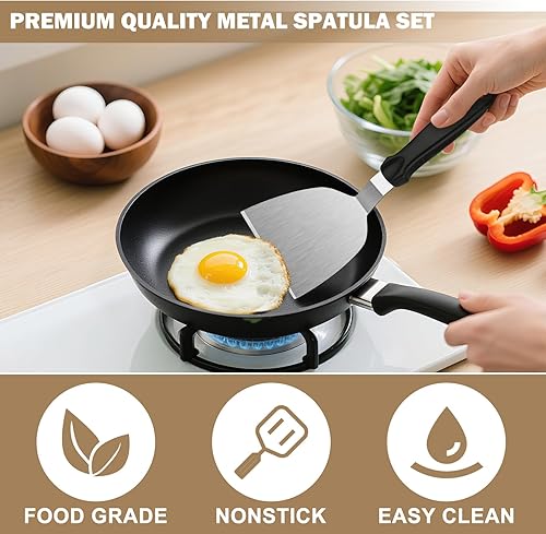 Miniatura 2 de Paquete de 4 espátulas de acero inoxidable para sartén de hierro fundido, mango resistente al calor, juego de espátulas y espátulas para plancha,
