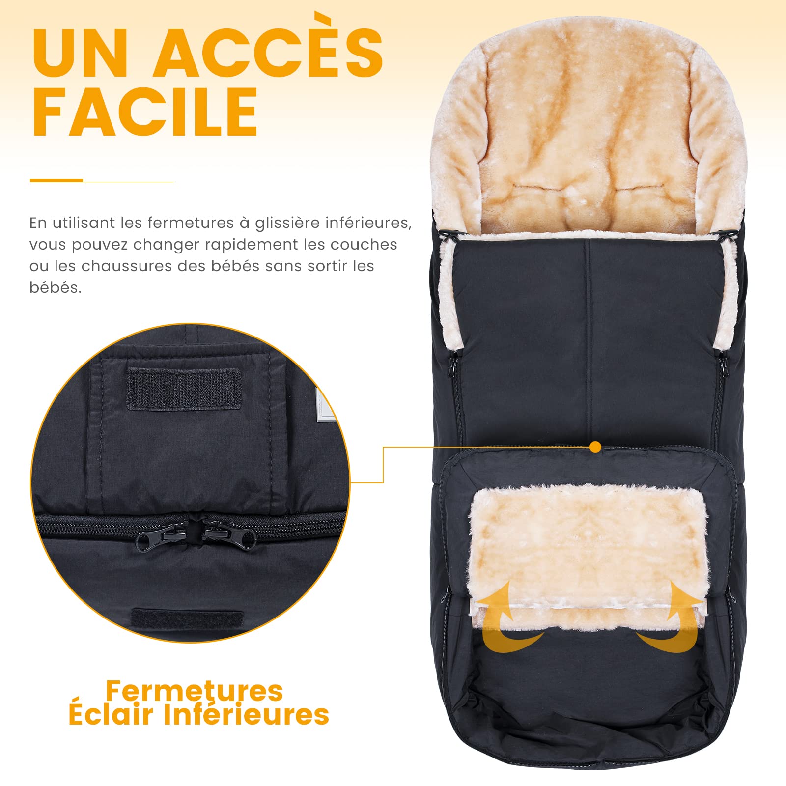 Orzbow Chanceliere Bebe Poussette, Fausse Peau d'agneau, Chanceliere Universelle pour Poussette avec Fermeture Éclair, Amovible et Imperméable, Lavable en Machine (Noir)