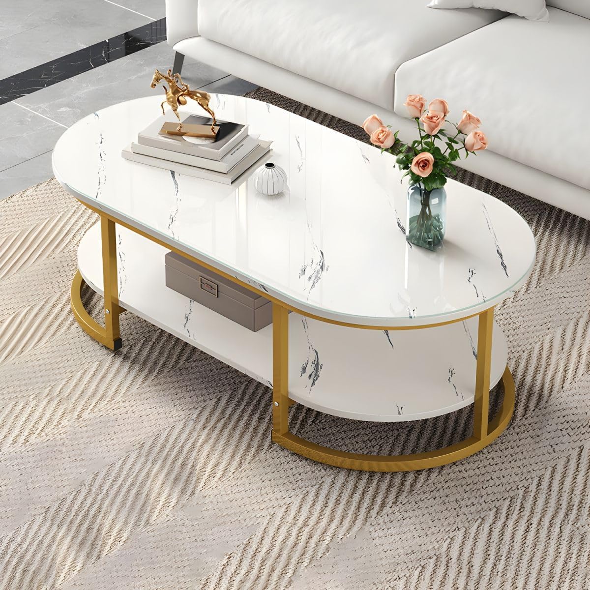 NEST NATURE HAVEN Coffee Table for Office, Dining, or Tea Room, Center Table for Living Room, Contemporary Simple Coffee Cocktail Table with Marble Desktop and Gold Metal Frame-White Gold