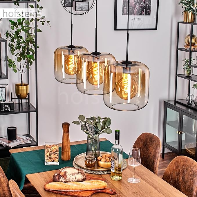 hofstein Hanglamp Lauden, hanglamp van metaal/glas in zwart/barnsteenkleuren/helder, lamp in modern retro/vintage design met kap van glas (Ø 25 cm), hoogte max. 152 cm, 3 x E27, zonder lamp