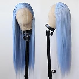 BTWTRY Light Blue Wig Long Straight Sky Blue Lace Front Synthetic Wigs Pre Plucked Natural Hairline for Black Women Heat Resistant Fiber Hair Cosplay Daily Wear Wig (Light Blue)