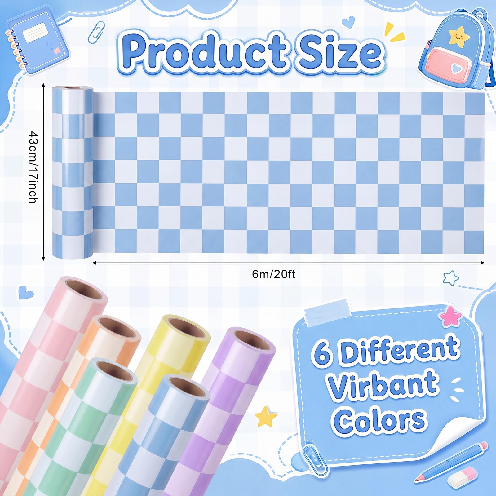 Funrous 6 rollos de papel de tablero de anuncios a cuadros, tablero de anuncios de regreso a clases, papel de fondo recubierto de papel para decoración de aula para profesores, decoración de pared