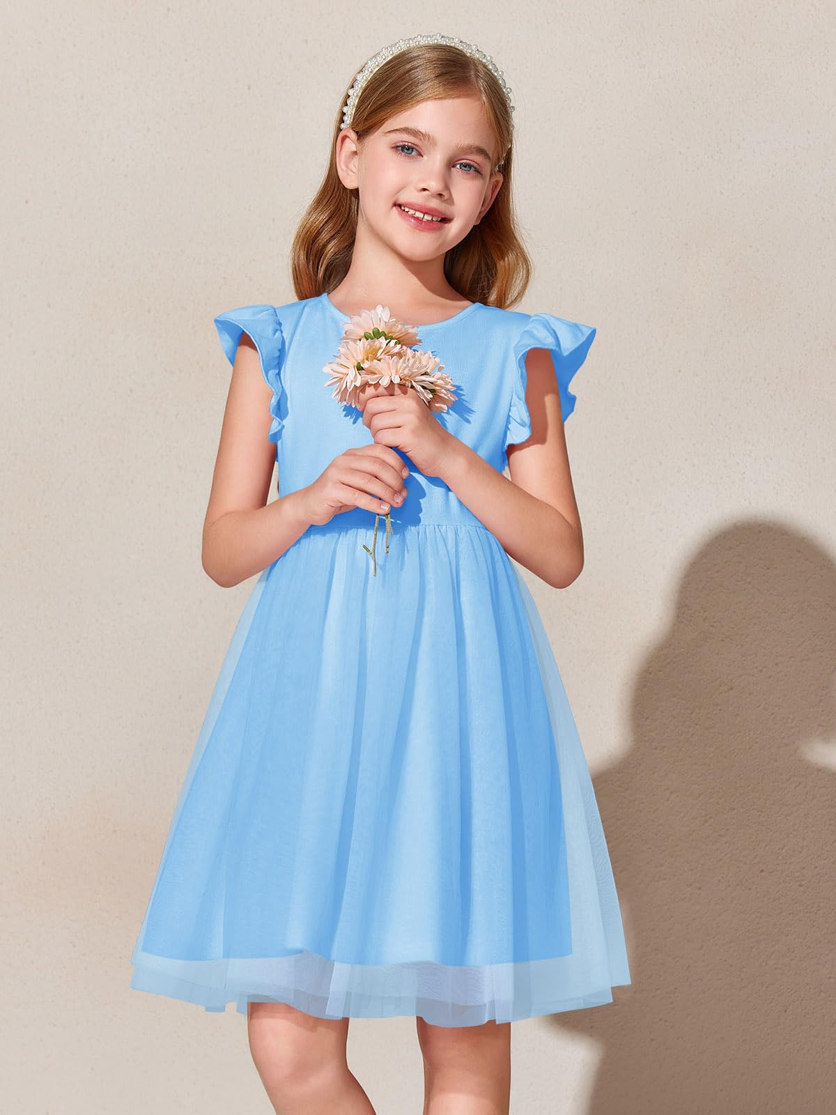 Haloumoning Vestido de niña con mangas con volantes, cuello redondo, monocolor, vestido de verano, línea A, vestido de princesa de tul, festivo, cumpleaños, boda, fiesta, vestido informal — view 3