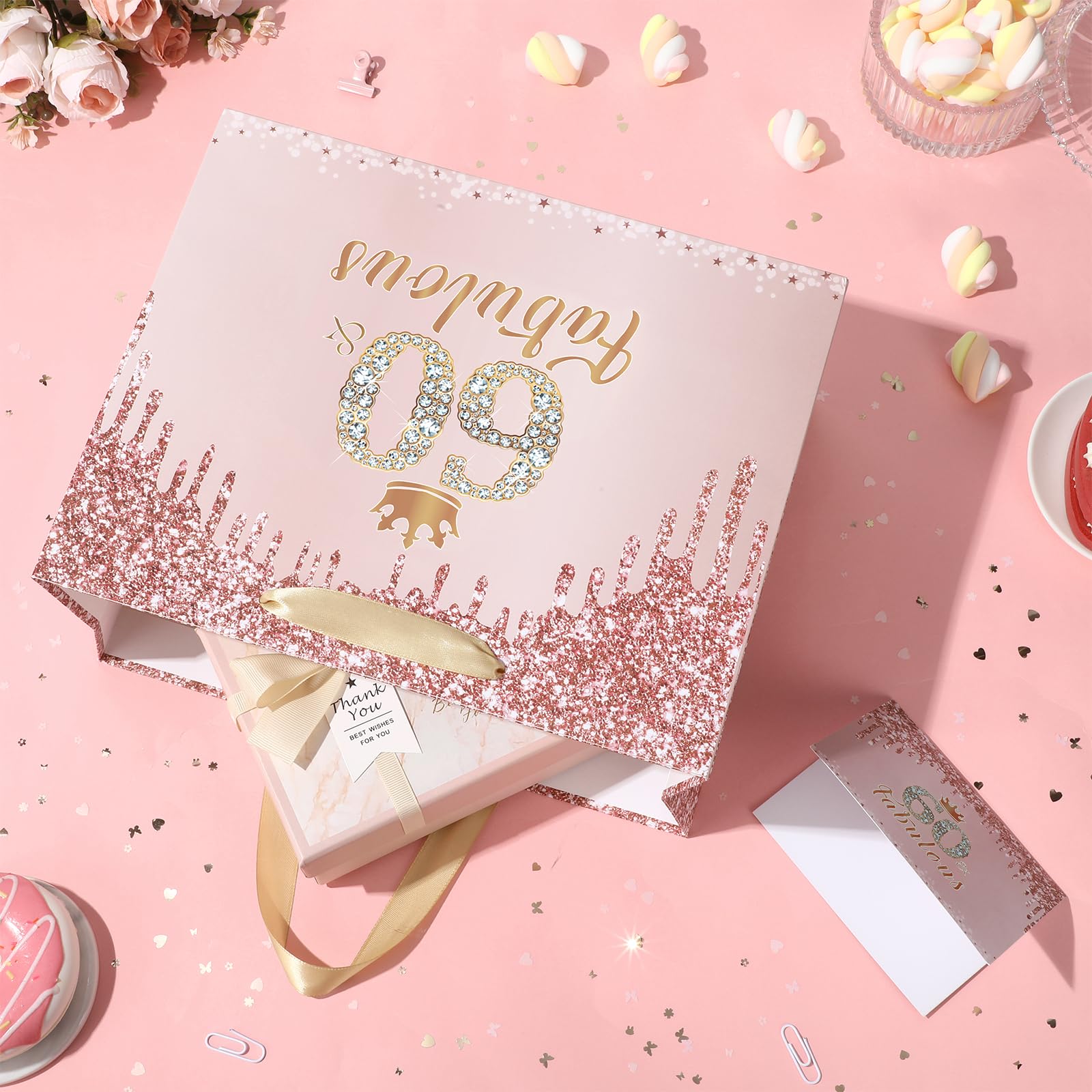 Yoirrat Grand Sac Cadeau Rose Doré Pour 60e Anniversaire Pour Femme Avec Papier Cadeau Et Carte Pour Décorations De 60e Anniversaire