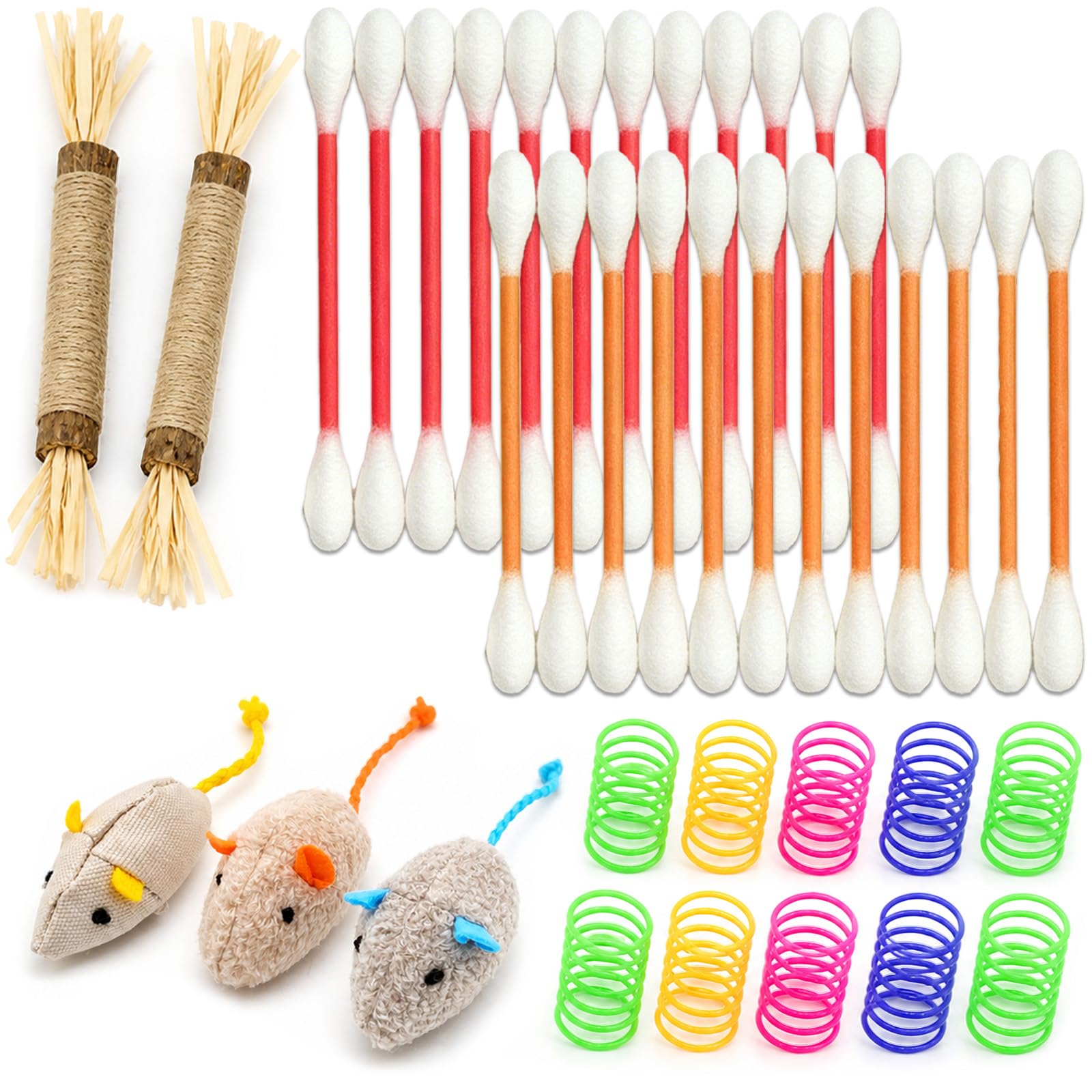 YUNLIJIA 17 Pcs Cat Toys Set Cotton Swabs, Cat Wand Toys, Mouse Toys Colorful Springs for Indoor Cats Kitten Teething and Stress Chasing, Batting, and Playtime