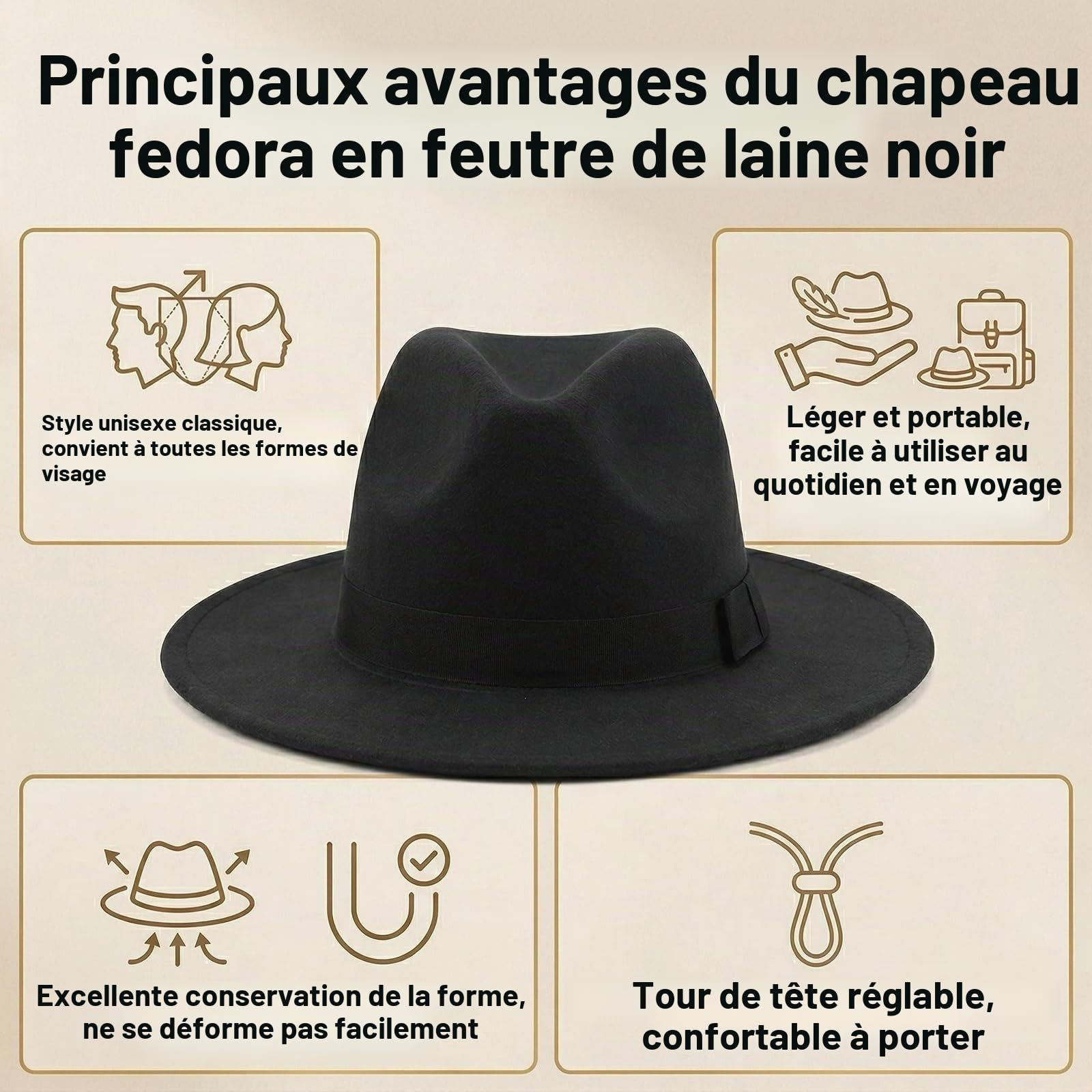 Chapeau Fedora à large bord pour femmes et hommes Upstore – Chapeau Panama classique en feutre avec bande (Circonférence de tête : 56-59 cm / 22-23 pouces) Noir