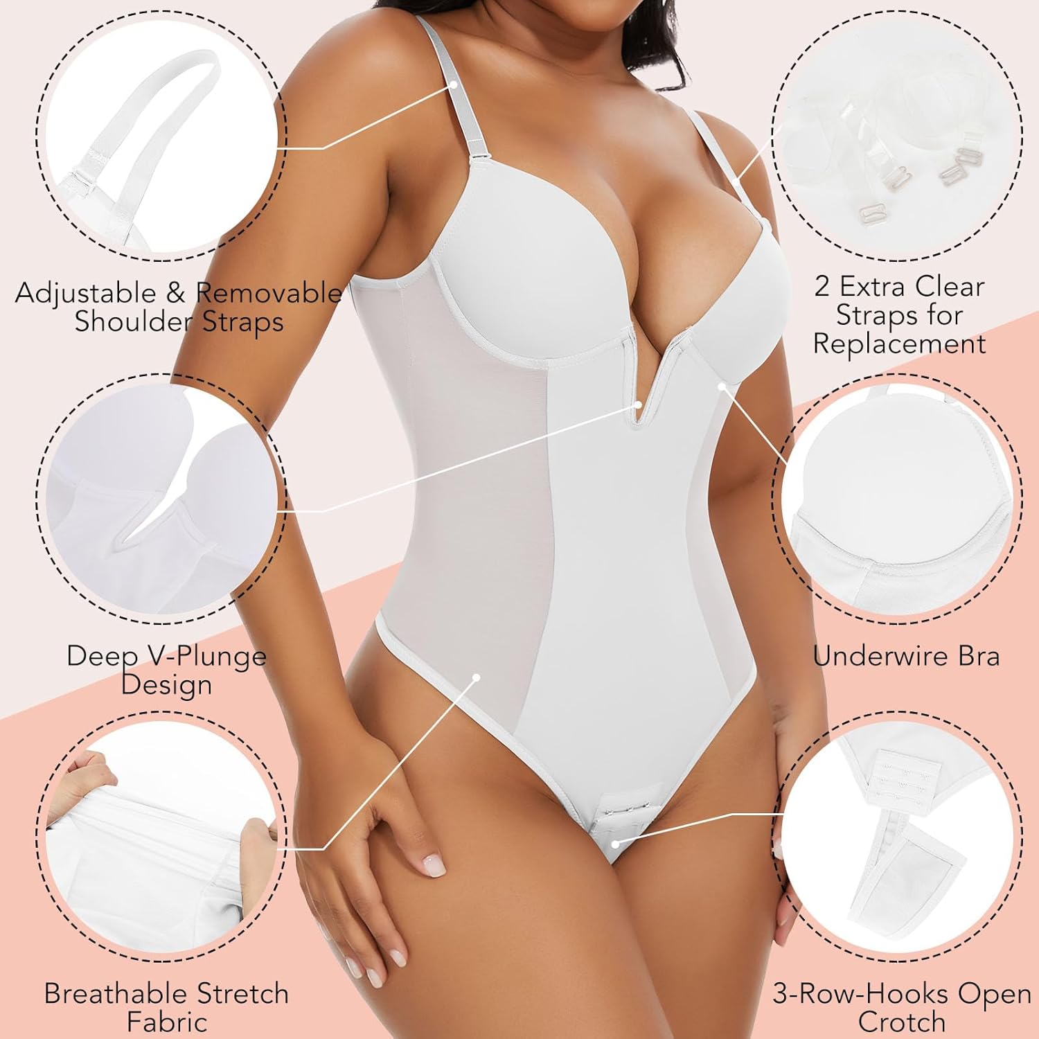 SHAPERIN Women's Deep V Neck Backless Body Shaper Bra Faja Plunge Low Back Thong Shapewear Tummy Control Bodysuit - Image 3