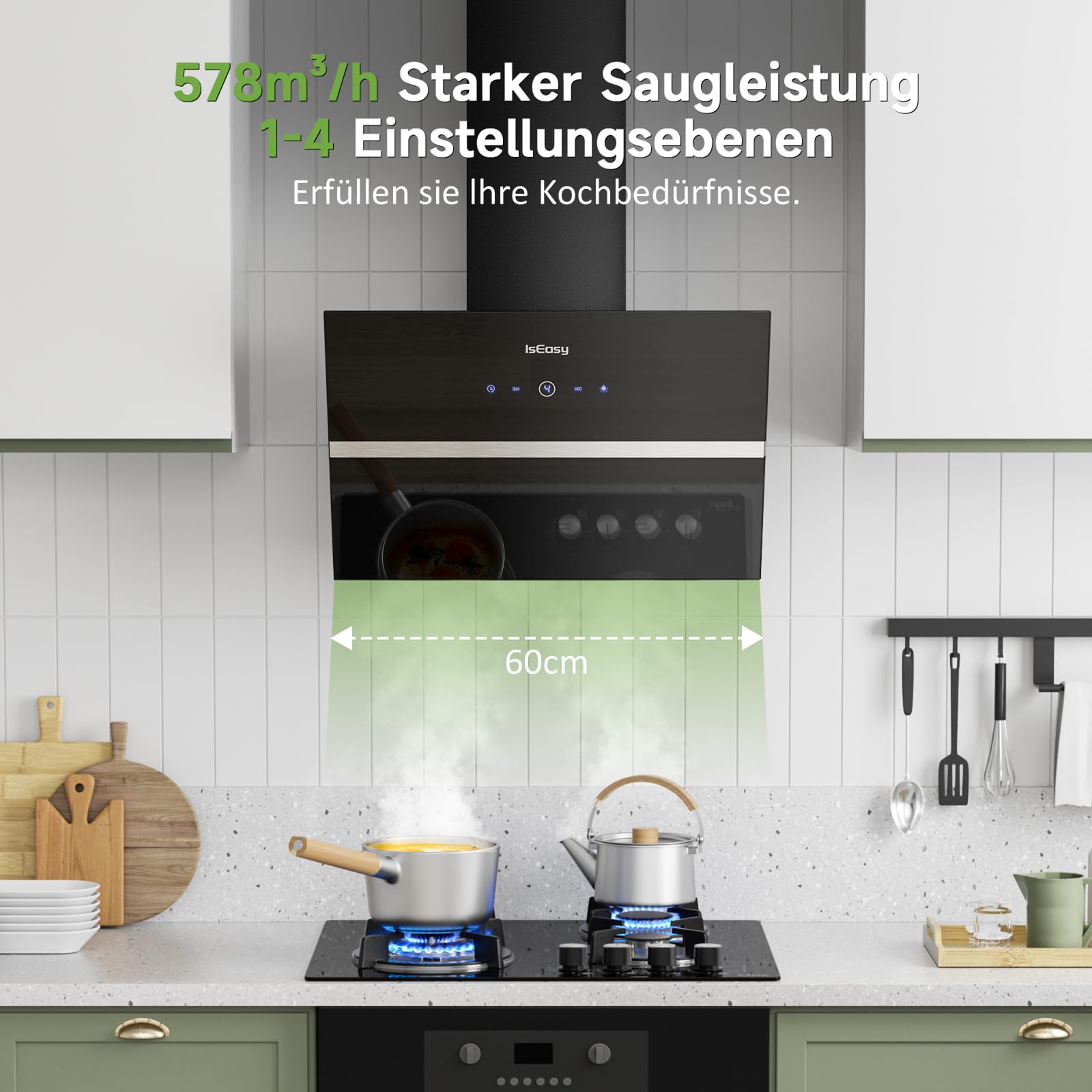 IsEasy Dunstabzugshaube 60 cm 578 m³/h Umluft Abluft 4 Stufen 58 dB Schwarz A++