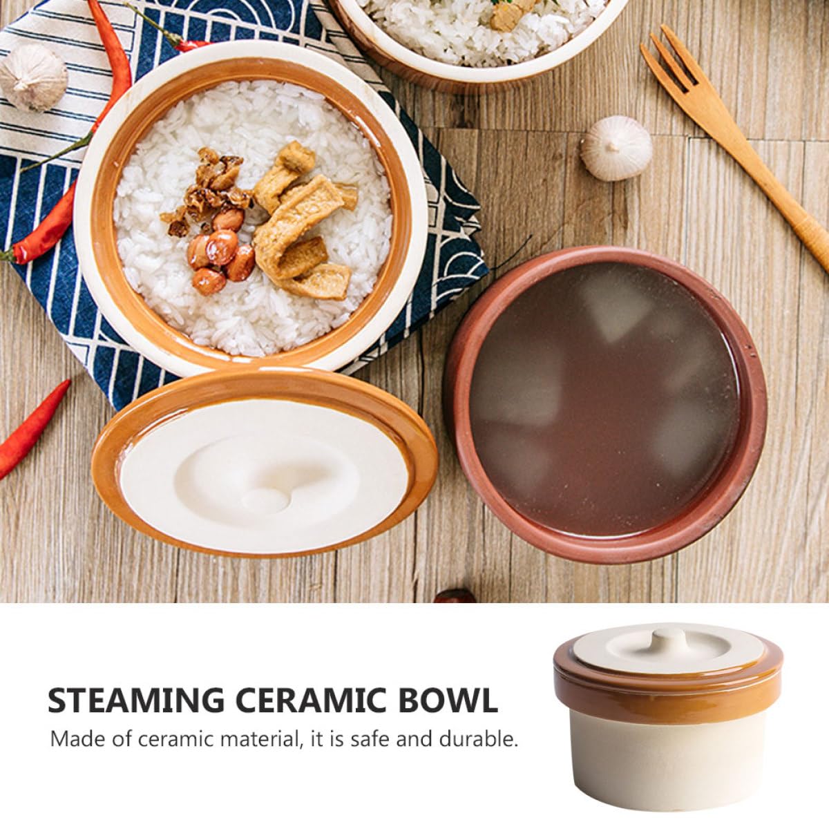 MAGICLULU Bol à Riz en Céramique avec Couvercle Beige, Bol à Ragoût Épais et Rond, Vaisselle Cuisine Pratique pour Maison et Restaurant