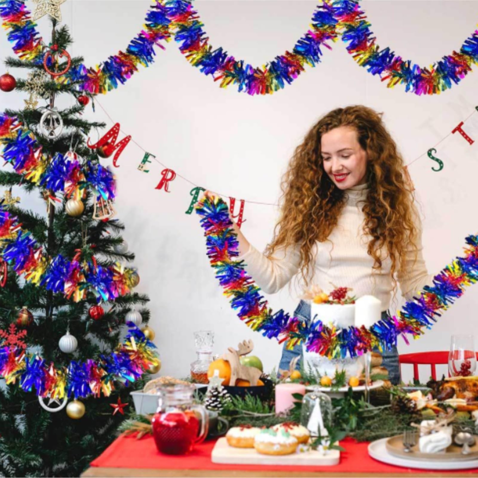 Decoración De Ventana Guirnaldas Navideñas De Oropel Metálico con Forma Espiral, Adornos Colgantes For Fiestas Pared Y Adornos Navideños(B,1.5M)