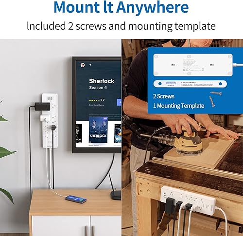 Miniatura 6 de NTONPOWER - Cable de extensión de 25 pies, protector contra sobretensiones de 2100 julios con 12 salidas y 3 puertos USB, 1875 W15 A, protección