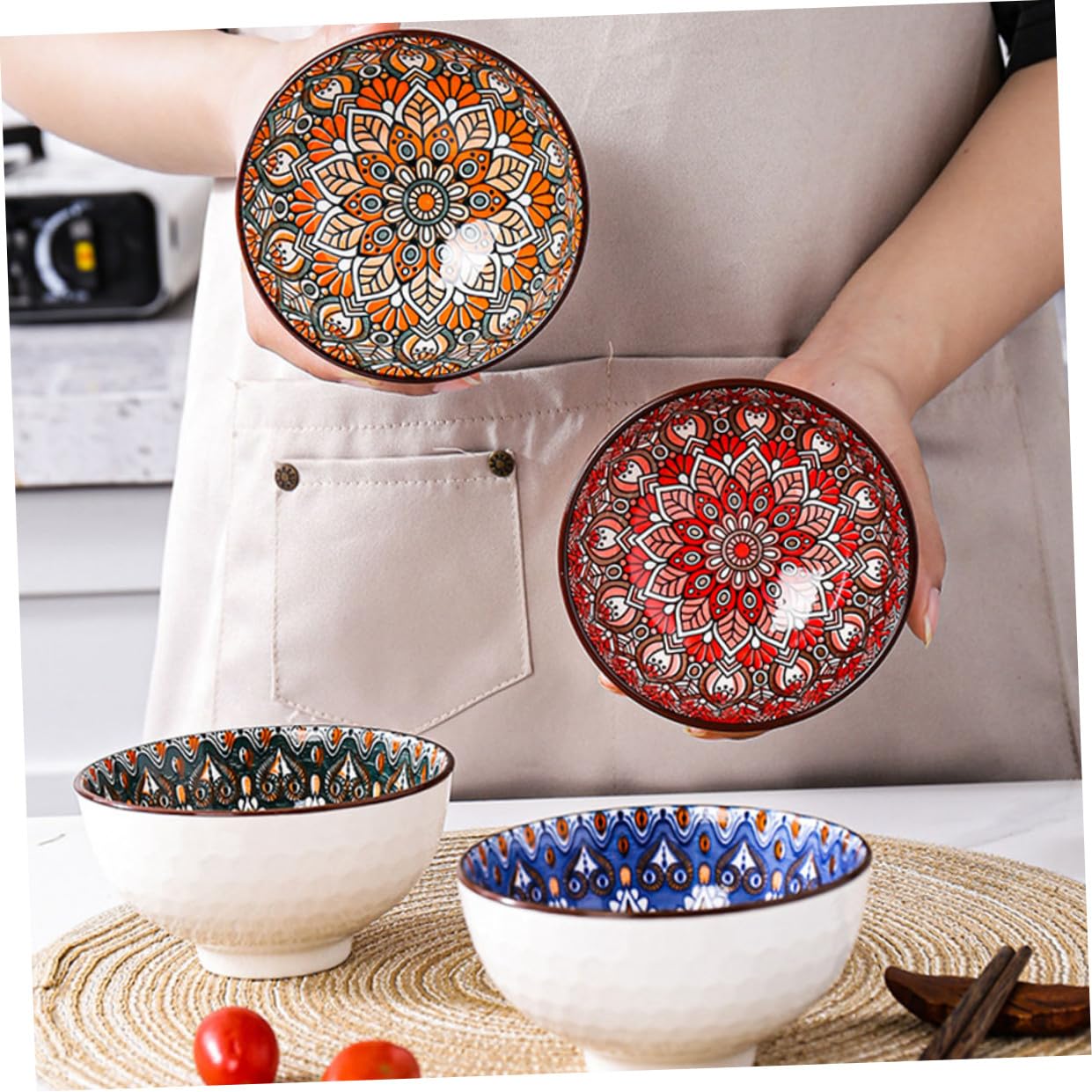 ABOOFAN Juego de 4 Tazones de Cerámica Estilo Bohemio para Arroz y Ensalada Borde Liso, Multiusos, Adecuado para Obsequio de Inauguración de Casa Color Aleatorio