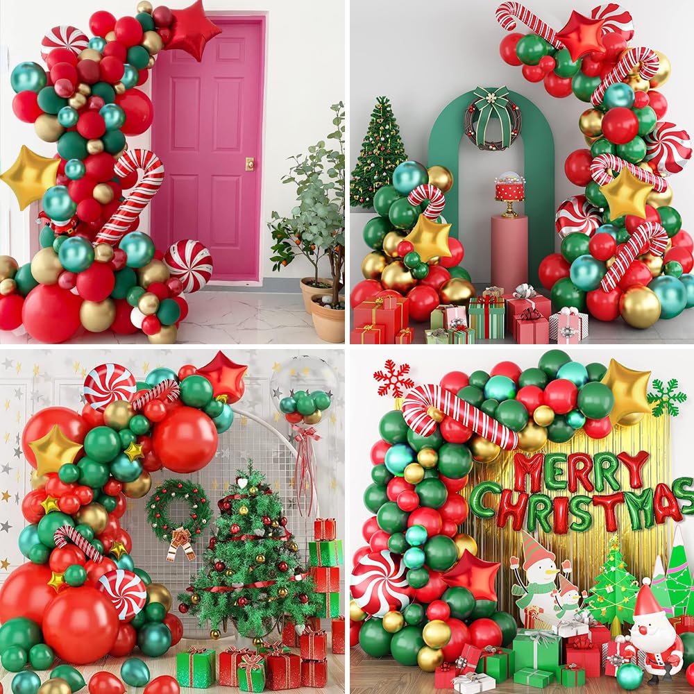 Christmas Balloon Garland Kit - 124pc Red Green Gold Balloons With Candy Theme Decorations