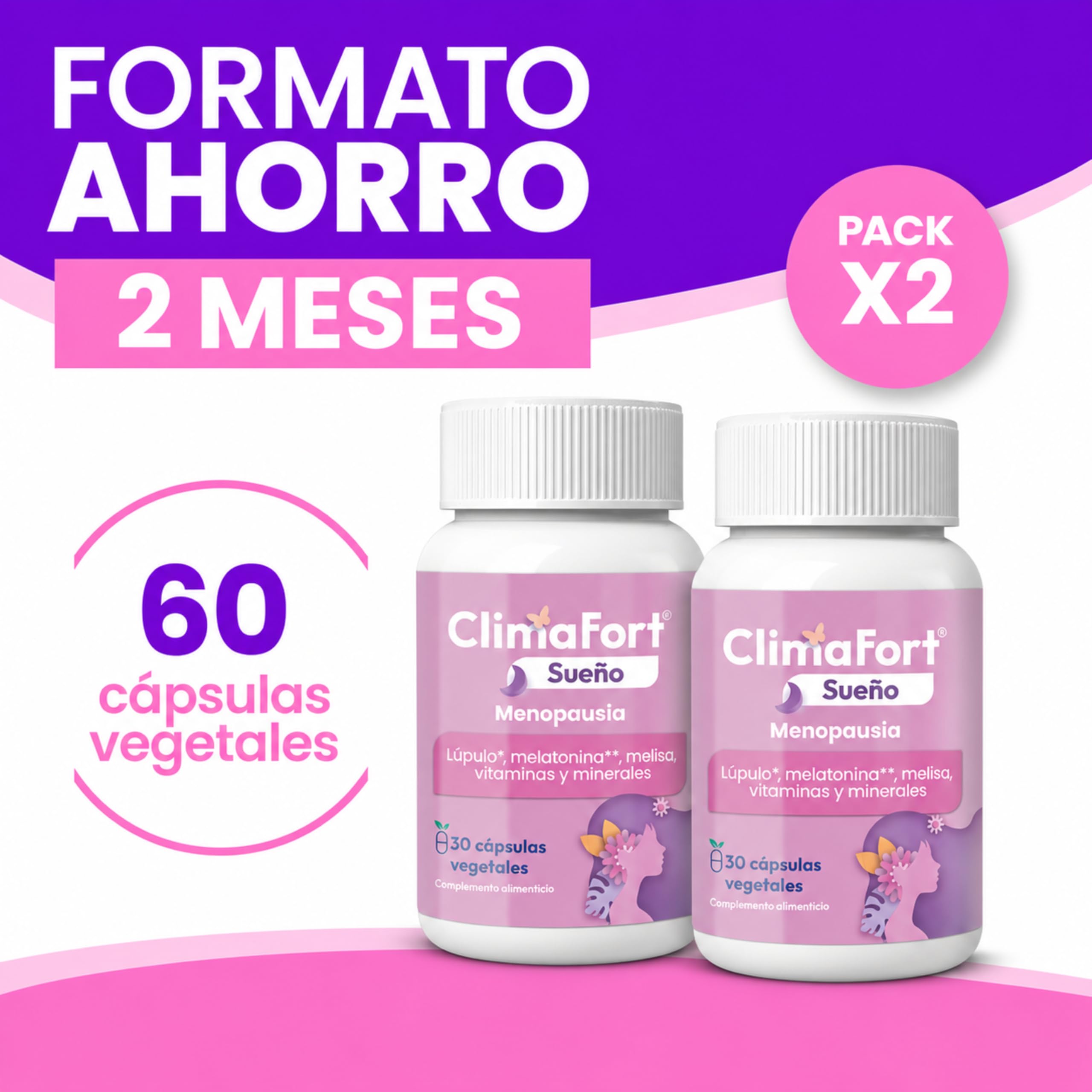 [Pack de 2] ClimaFort Sueño | Alivia Sofocos, Insomnio y Síntomas de Premenopausia y Menopausia | Lúpulo, Melatonina, Vitaminas, Minerales | 2 meses de Tratamiento | 1 Cápsula al día