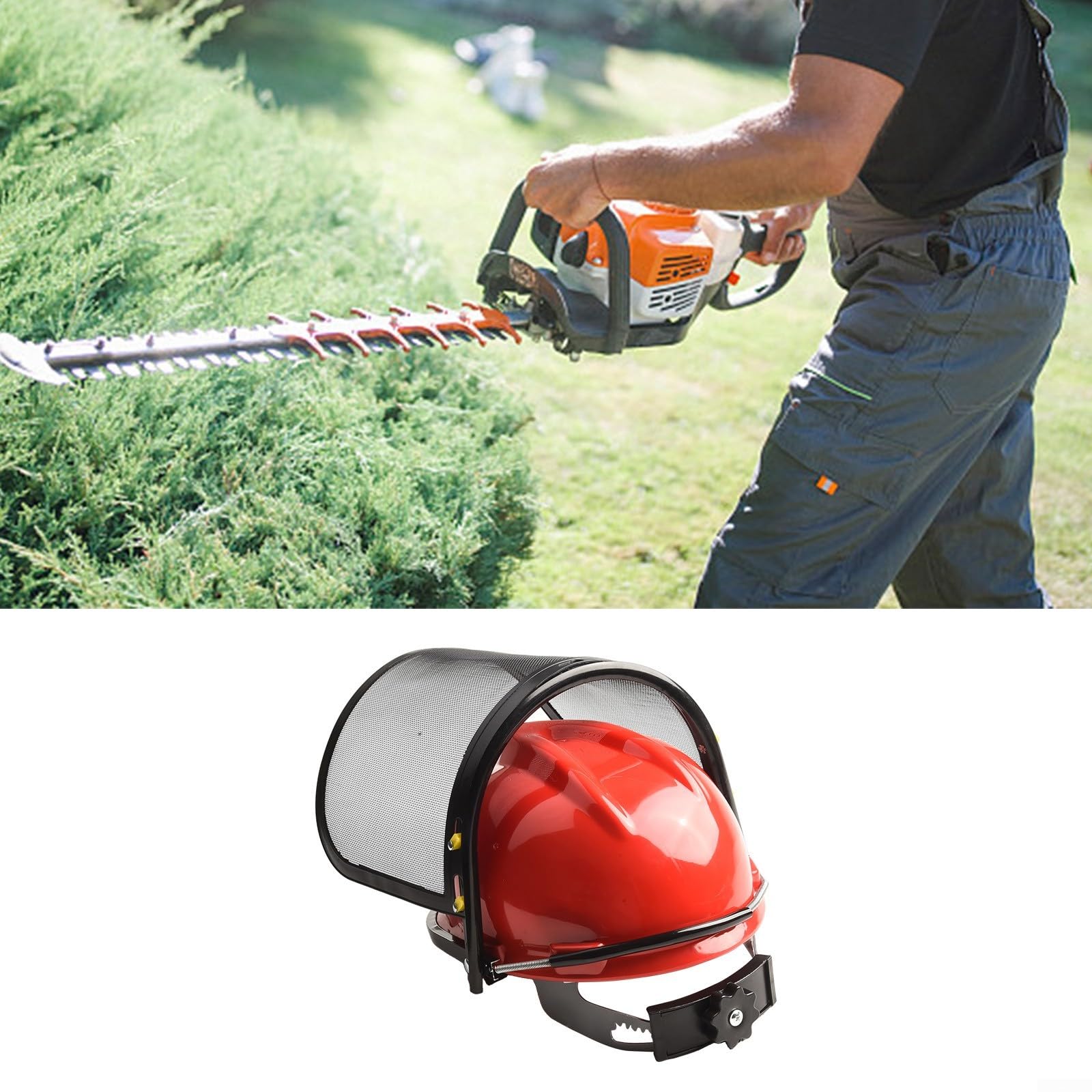 Funda roja para casco de seguridad para motosierra con diadema ajustable y protector de malla facial para equipos eléctricos al aire libre, uso de cortacésped, recortadora y desbrozadora