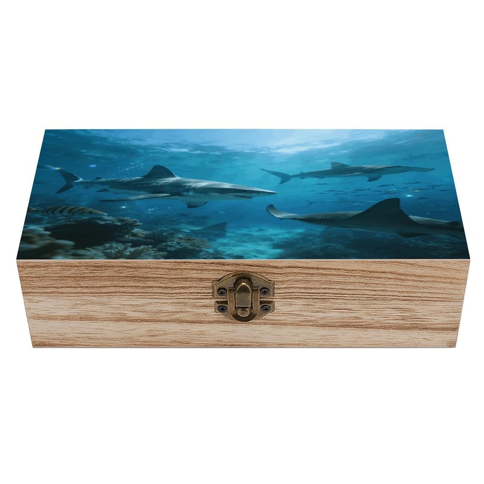 LZQPOEAS Sharks in The Underwater World Wooden Keepsake Box Wooden Storage Box Container with Hinged Lid Beautiful Wood Memory Box Decorative Jewelry Case for Crafts Art Hobbies & Trinket Storage