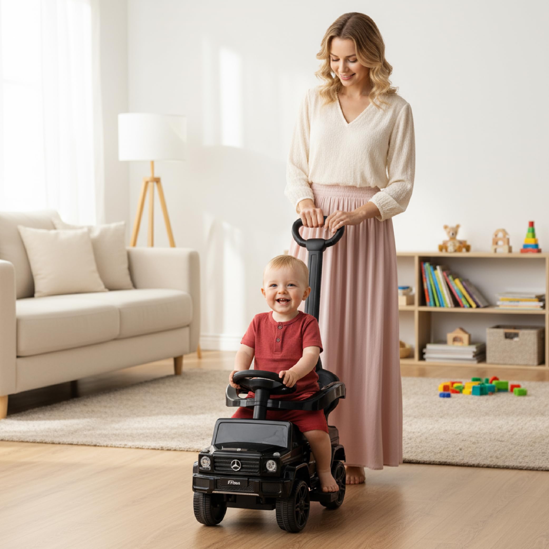 Rutschauto ab 1 Jahr mit Schubstange, Mercedes G mit Schubstange, Kinderauto, Baby Auto (Schwarz)
