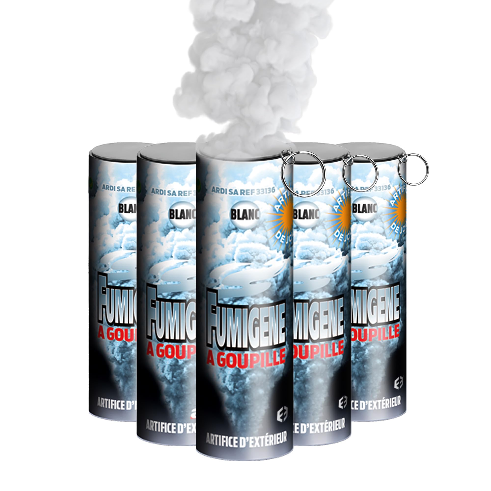 Lot de 5 Fumigènes à Goupille - Durée 1 Minute | Effet Fumée Colorée Intense pour Extérieur | Fumée et Sécurité -France Effect - Catégorie T1 (Blanc)