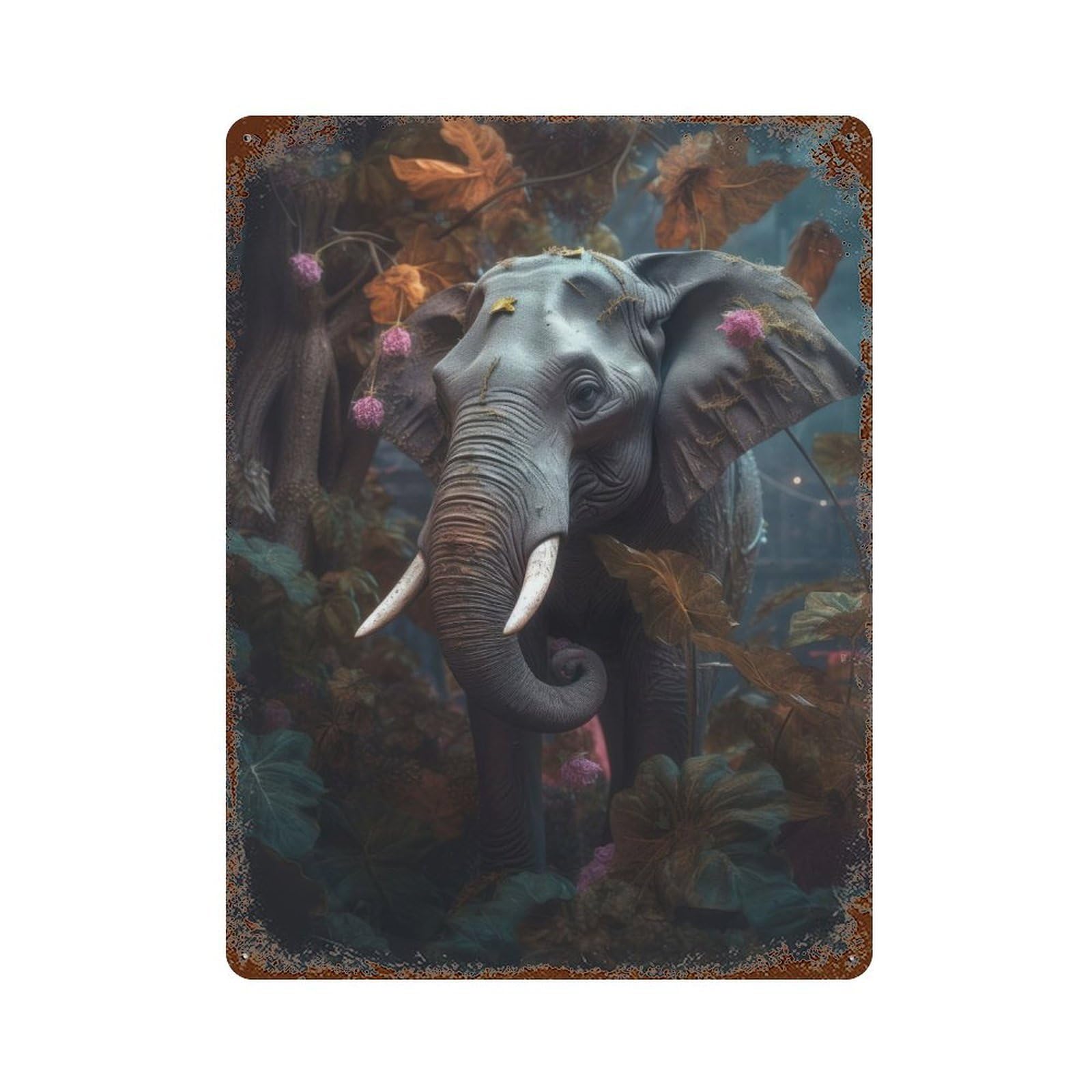 Floral Magical Elephant Vintage Wall Sign 15.7"x11.8", Rust Effect Metal Decor for Bistro, Counter And Cafe Decor