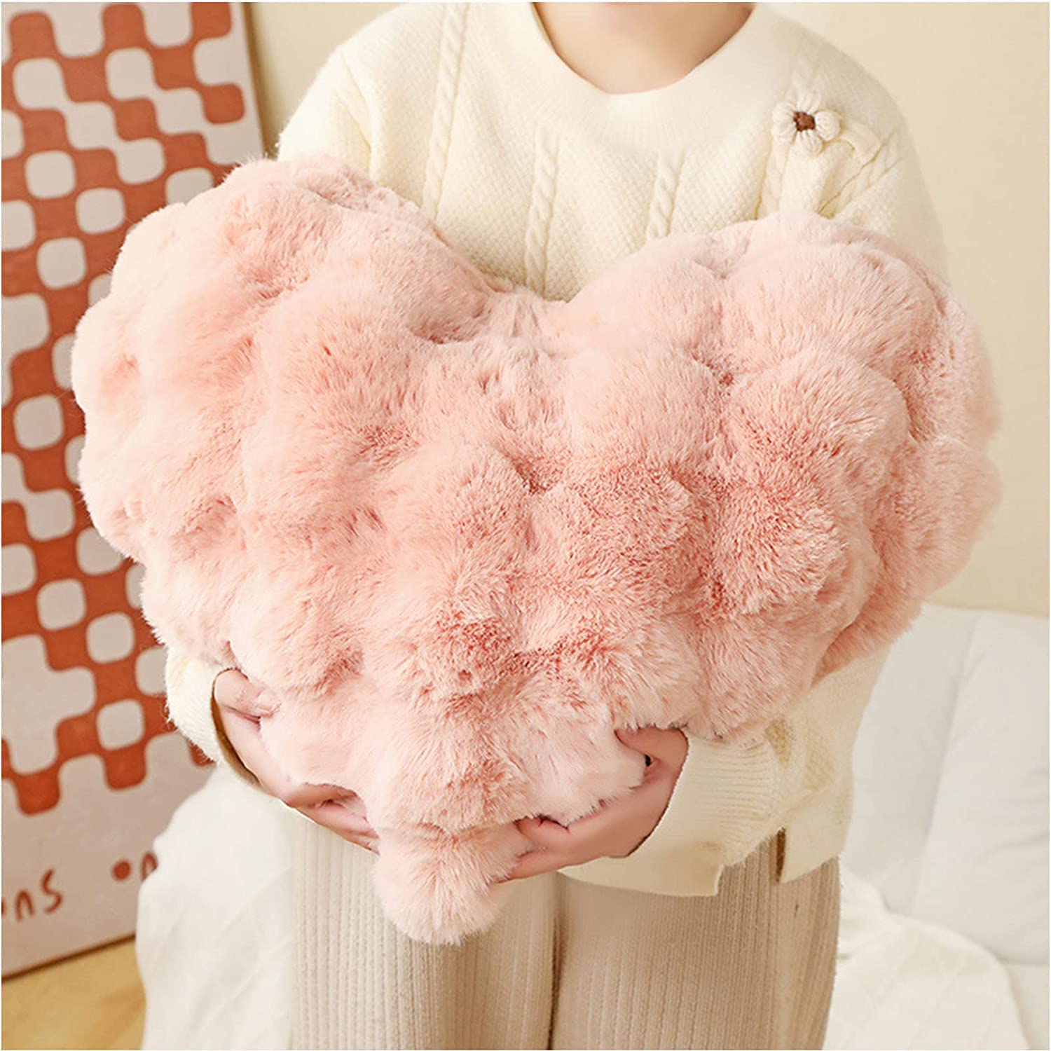Set 6 Cuscini A Forma Di Cuore In Finta Pelliccia Di Coniglio – 30x28 Cm, Soffici E Decorativi Per Divano E Letto, Rosa