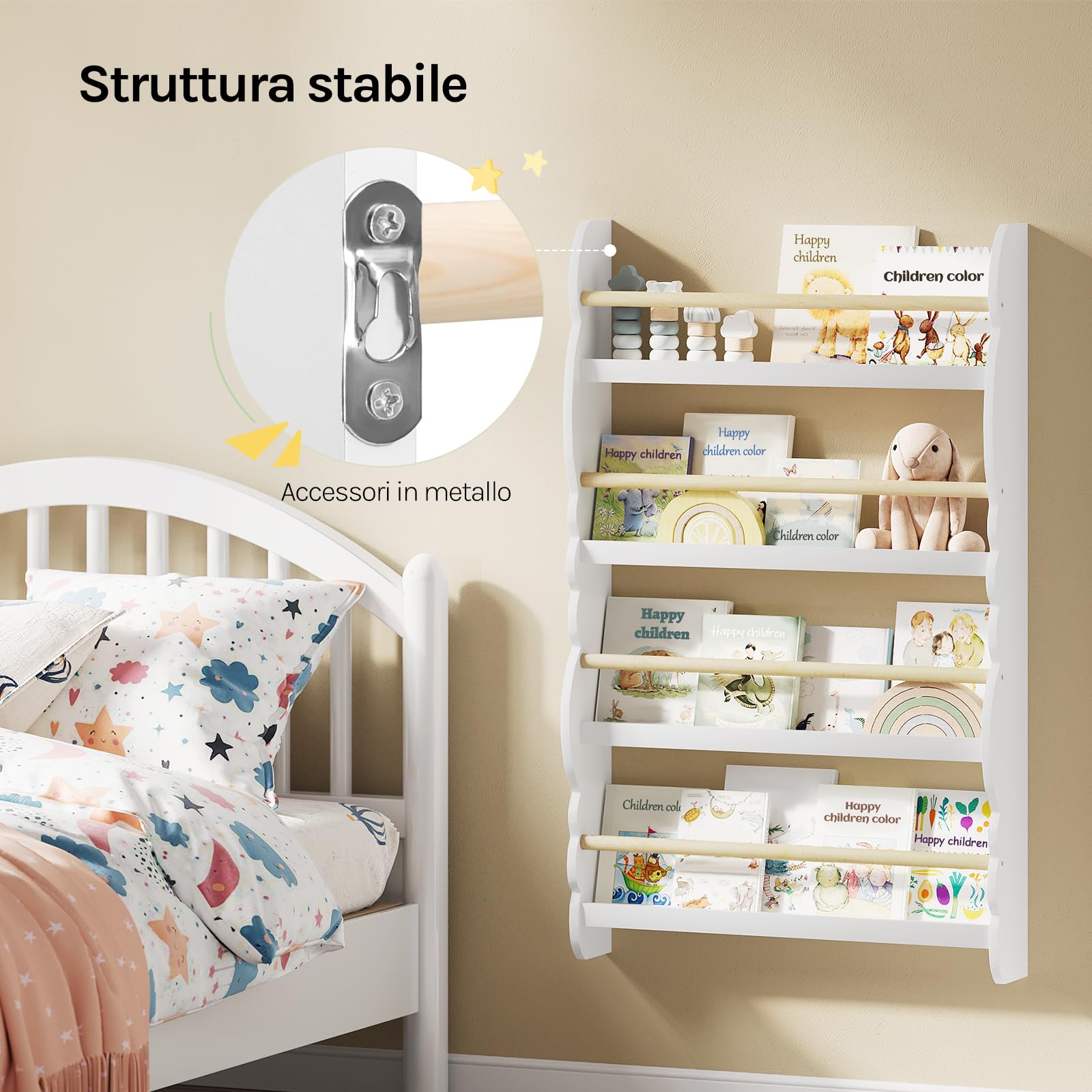 WOLTU Libreria da Parete per Bambini, Piccola Libreria Frontale a 4 Ripiani in Legno, Scaffale Porta Libri a Muro per Cameretta, Bianco, 60x14,5x98 cm
