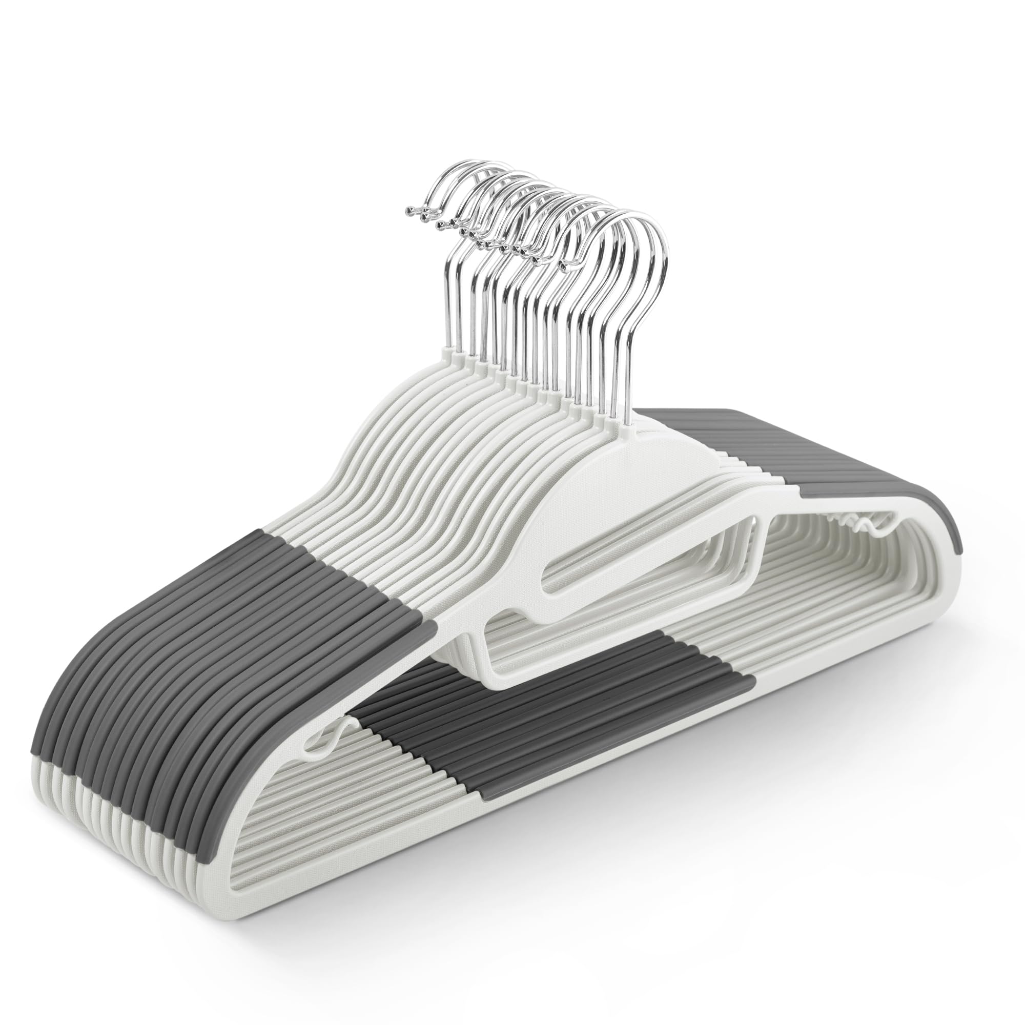 KEPLIN 20-Pack Non-Slip Hangers – Durable, Slimline Design for Space Saving with 360° Swivel, Tie Organiser, Strap Hooks, and S-Shape Opening (White)