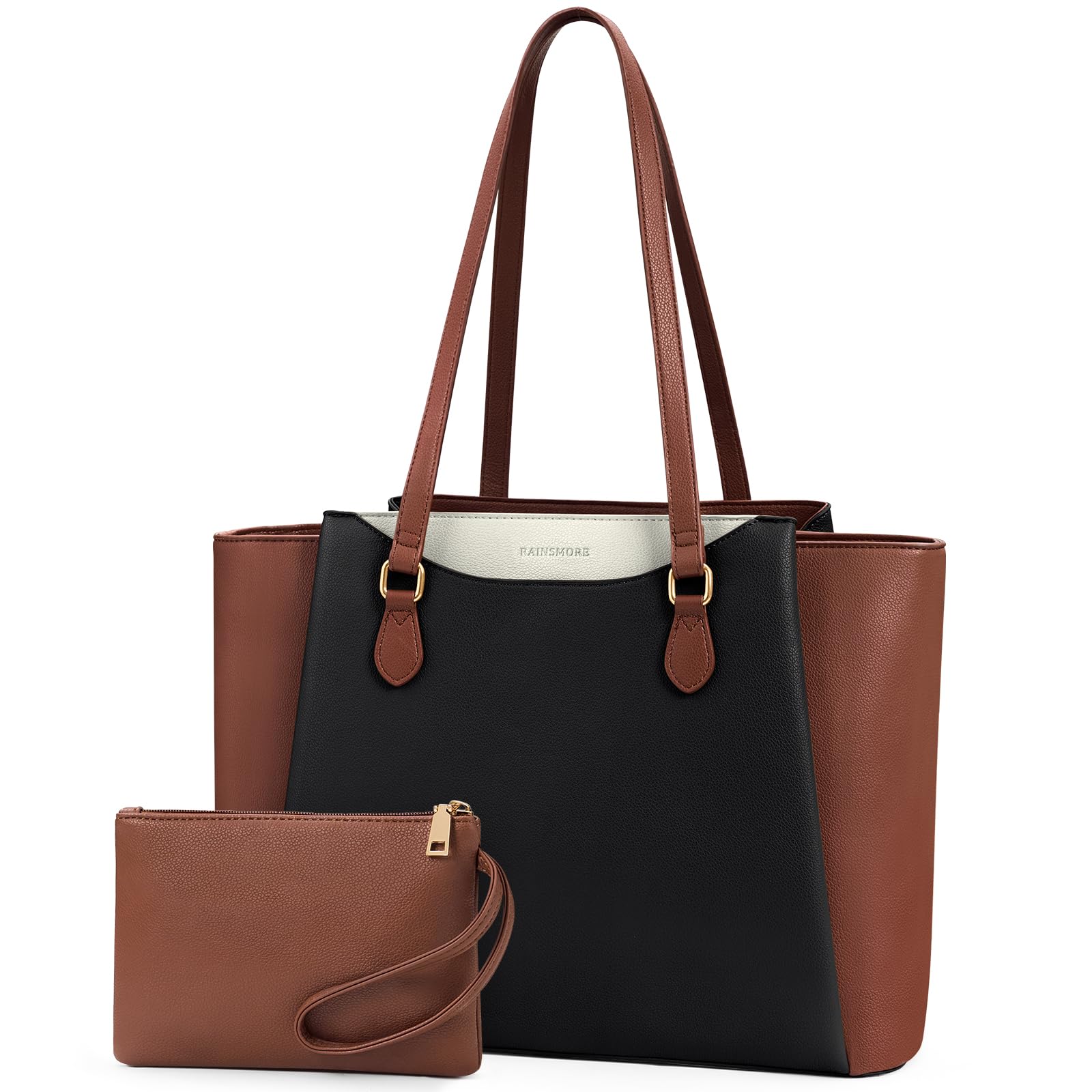 RAINSMORE Laptop Bag for Women 15.6 Inch, Waterproof Faux Leather Work Tote Bag with Clutch Purse, Large Office Bag for Commute, College, Black Brown White