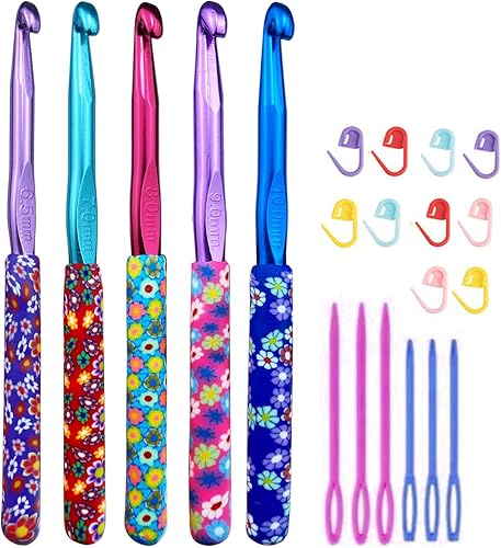 Juego de ganchos de ganchillo de aluminio de 5 tamaños grandes de 21.3ft (K)0.276in (L)0.354in (M)0.394in (N) agujas de tejer, juego de hilo de