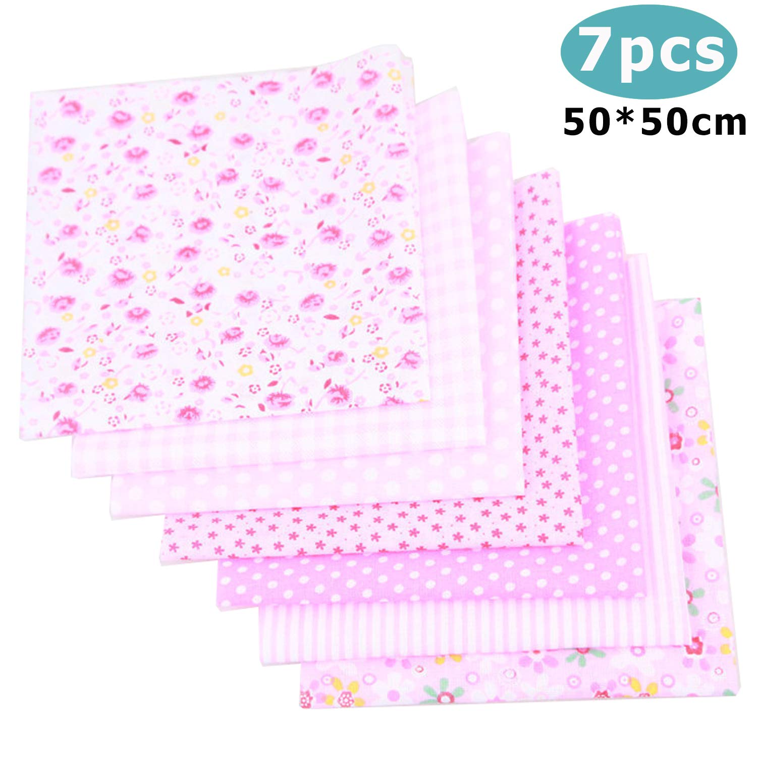 Cotton Craft Fabric Bundle Patchwork, 7pcs 20-inch Squares Quilting Sewing Patchwork Different Pattern Cloths DIY Scrapbooking Artcraft (Pink)
