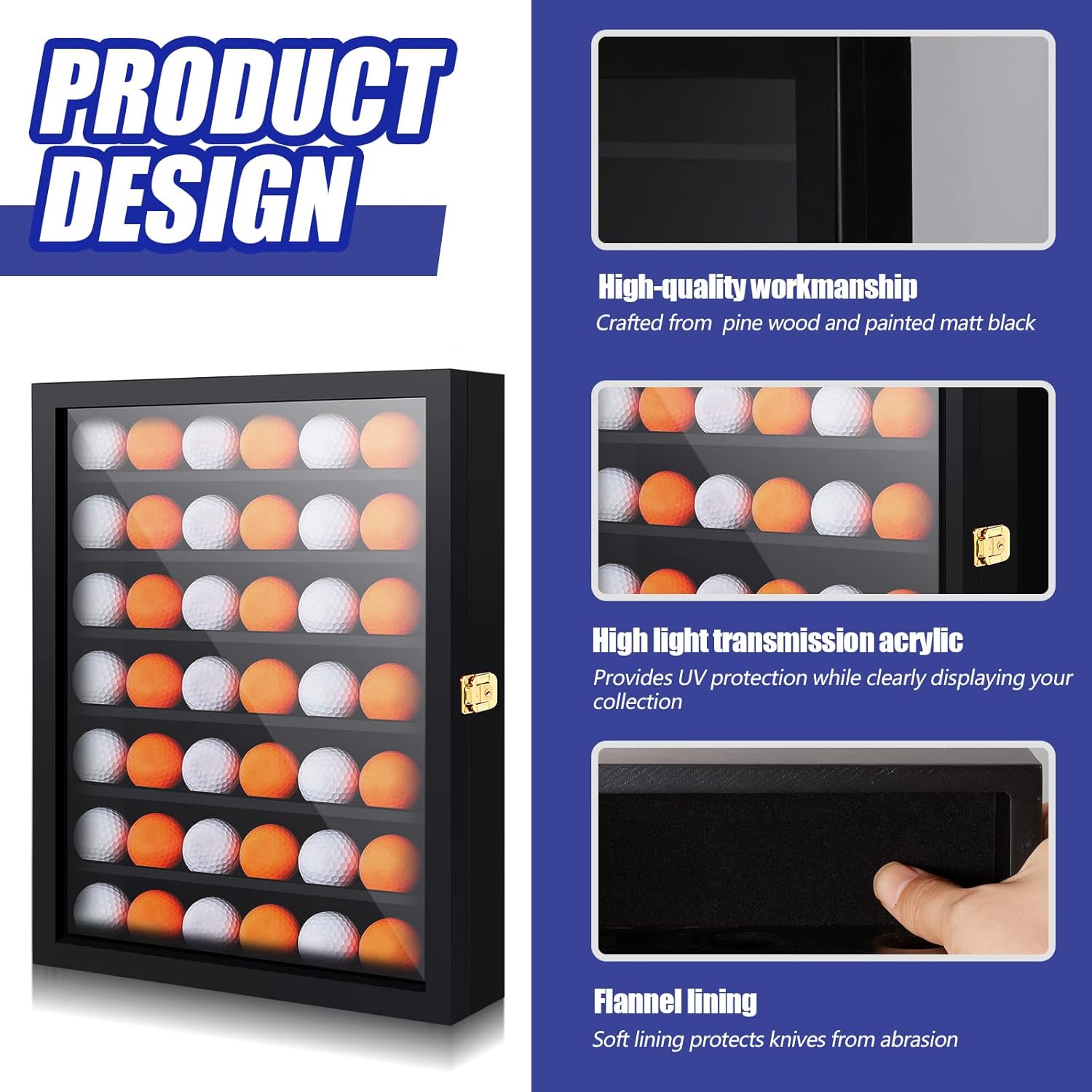 Sintuff 42 Golf Ball Display Case Solid Wood Golf Ball Holder Rack Gift Black Display Rack Cabinet Wall Mount Shadow Box for Enthusiast Collectibles with Lockable Acrylic Door