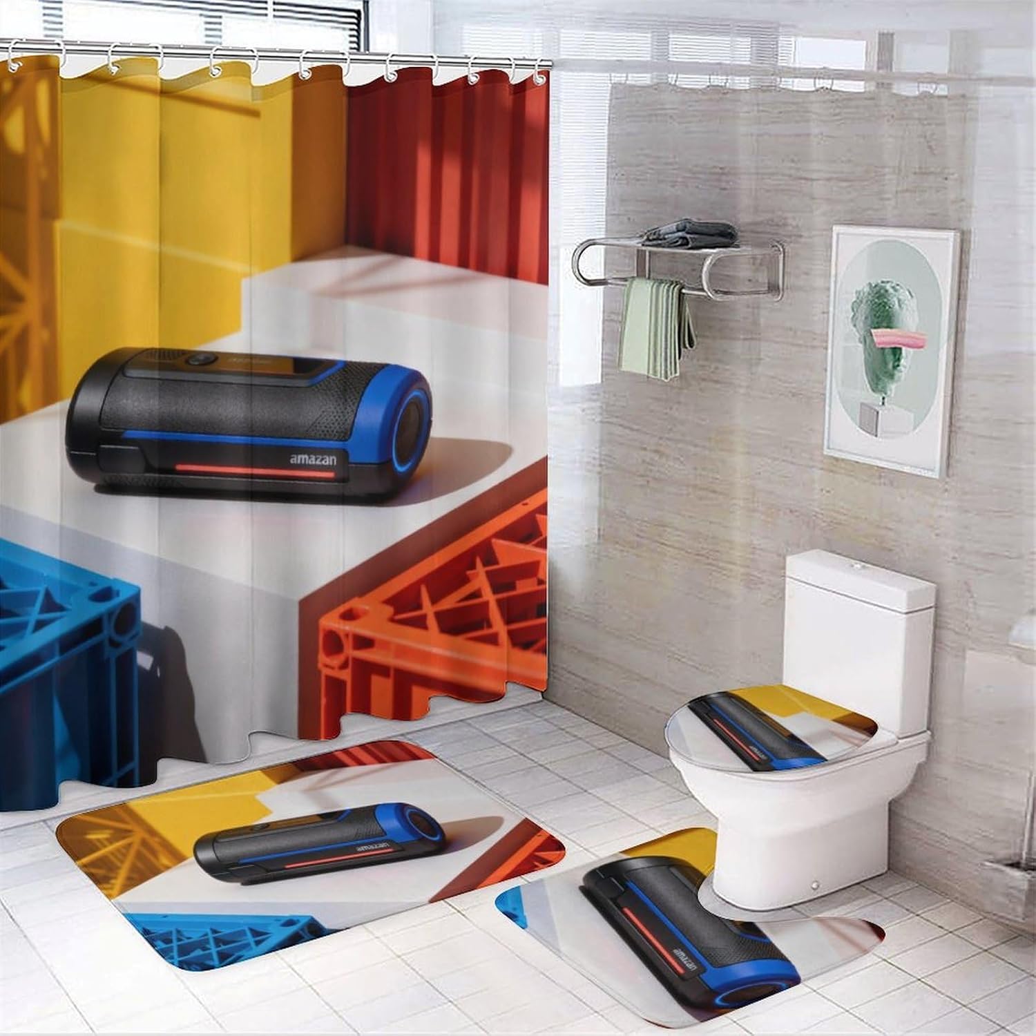 4 Piece Bathroom Rug Set with Shower Curtain, Non-Slip Bath Mat Toilet Cover Set, Color Patterns Bathroom Rug Sets