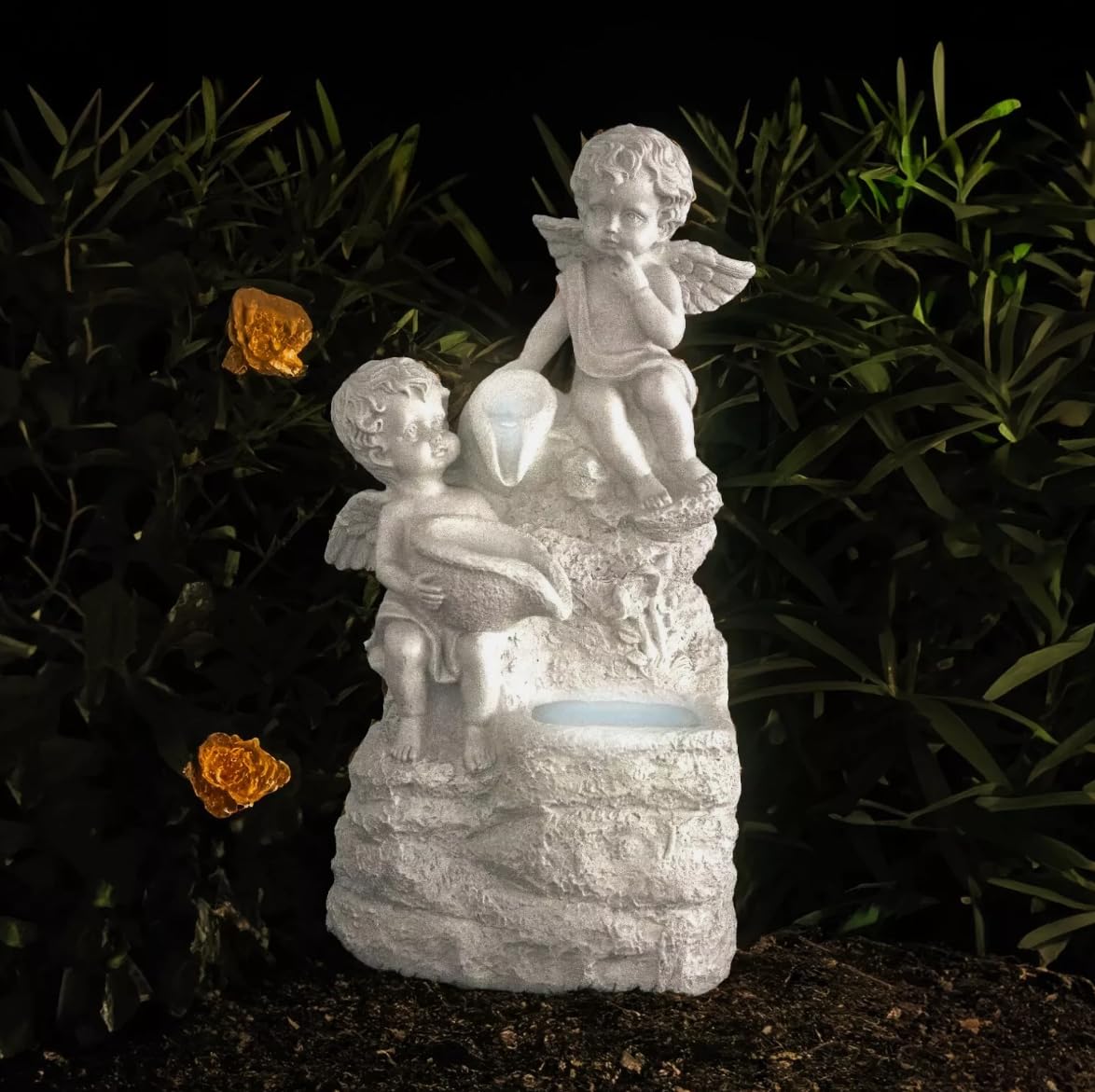Garden Mile Solar LED Angel Light Cherub Ornament With Water Fountain - Solar Powered Fairy Figurine Lighting With Stone Effect Resin Light up Statue
