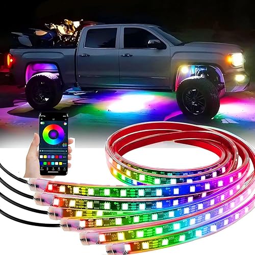 Luces subterráneas para automóvil, 6 tiras de luces LED con persecución de color RGB de ensueño, control por aplicación de 12 V, luces LED flexibles