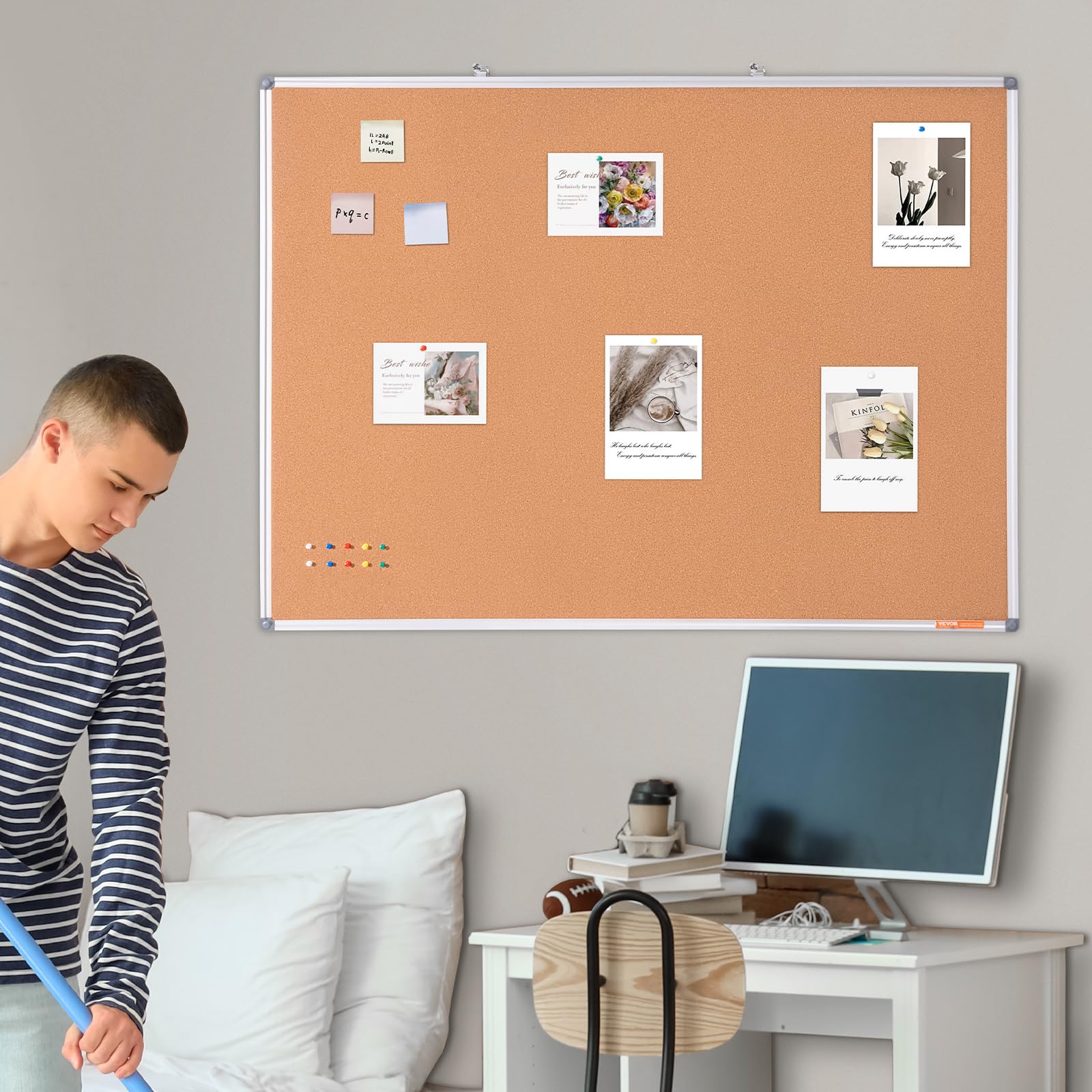 VEVOR Tablero de Corcho Grande 120 x 90 cm Tablón de Anuncios Montado en la Pared con Tablón de Anuncios Marco de Aluminio Tablero de Corcho Perfecto para Escuela, Hogar, Oficina