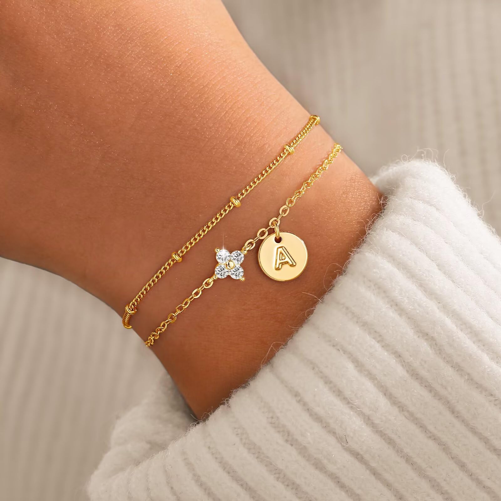 M MOOHAM Initial Bracelets for Women Gifts - Dainty Four Leaf Clover Bracelet for Women Trendy Personalized Initial Bracelet for Teen Girls Jewelry Gifts