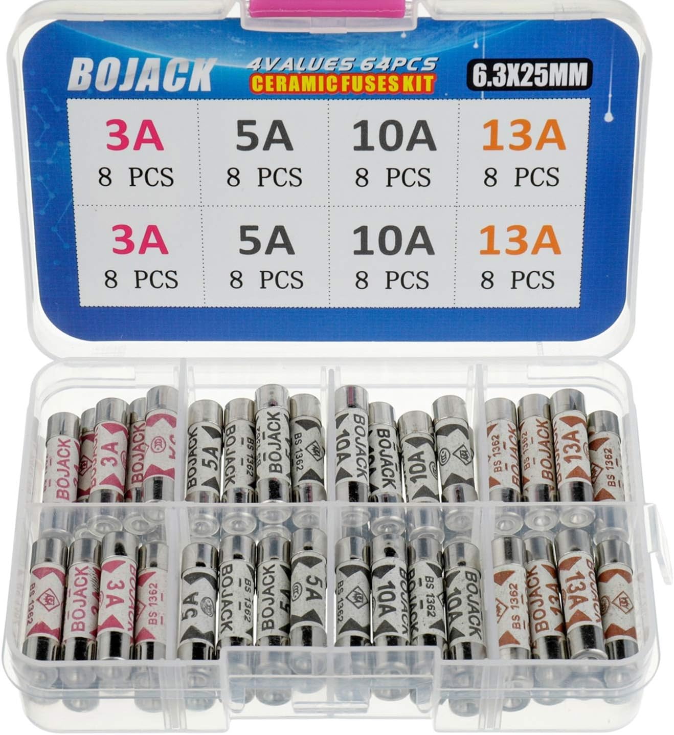BOJACK 4 Values 64 pcs 3 5 10 13 A amp 240 V Volt Household Mains Plug Fuse 6.3x25 mm 0.25x1Inch BS1362 Ceramic Tube Cartridge Fuses Assortment Kit packag in a Clear Plastic Box
