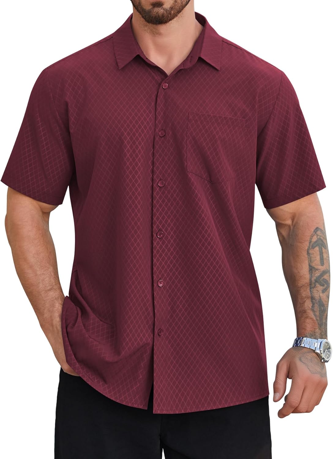 Hardaddy Men's Casual Button Down Shirts Short Sleeve Stretch Button Up Pattern Business Dress Shirt for Men