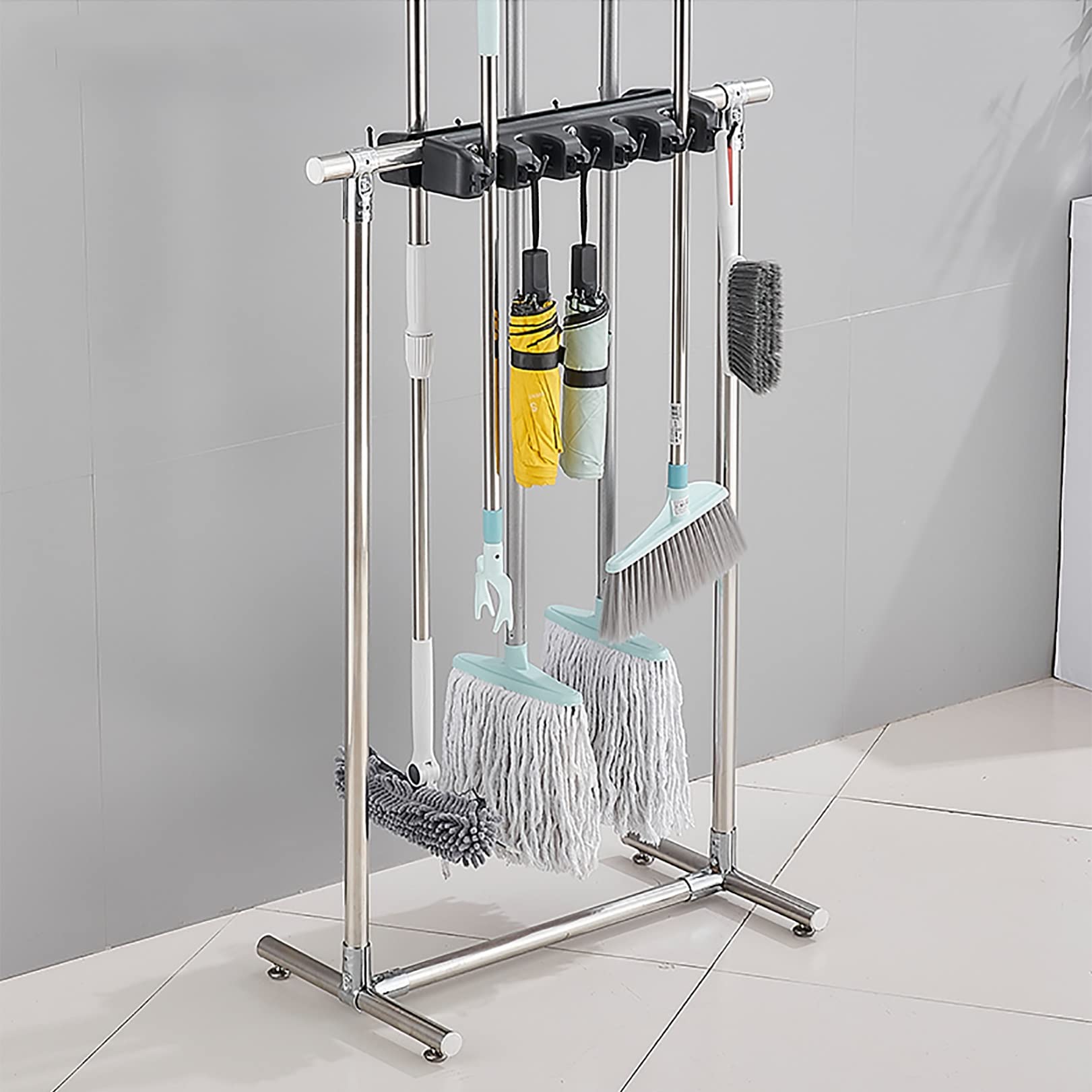 Ruchome Wózki Ręczne Mop Drain Rack Długie Narzędzia Do Ogrodu Garaż Szkoły Hotele Fabryki Firmy Nieruchomości Restauran Regał Magazynowy Ze Stali Nierdzewnej/20Slots