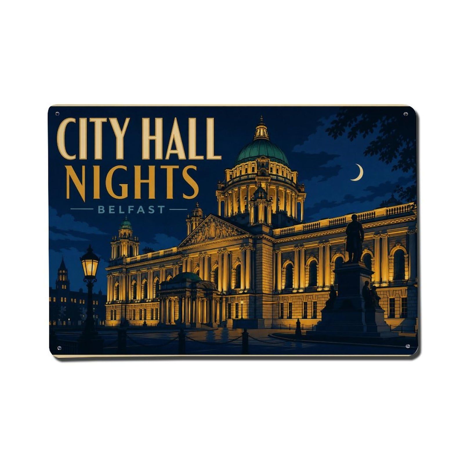Fyrn Style Metal Tin Sign Vintage Travel City Hall Belfast Night Illuminated Ireland