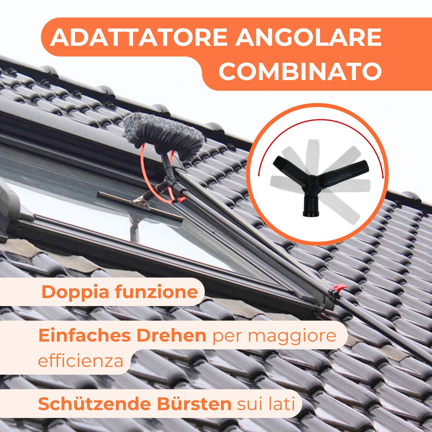 aquascopic Asta telescopica 2 in 1 con spazzola a 5 superfici e lavavetri, lavavetri, regolabile in lunghezza, 7,2 m, pulitore per finestre per pannelli solari, tubo interno dell'acqua