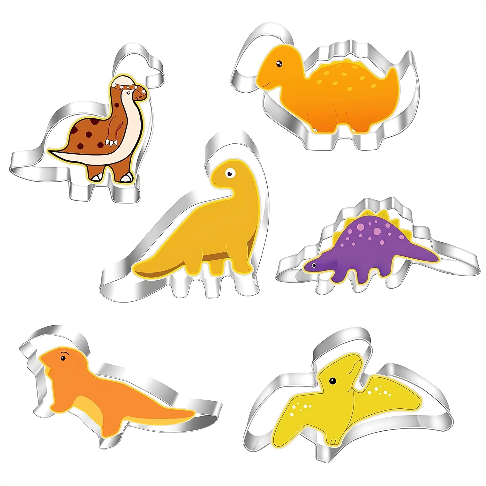 Samheng 6 Pcs Dinosaur Cookie Cutter Set, Stainless Steel Biscuit Cutters, Diy Sandwich Cutter For Fruit Candy Cake Party Birthday