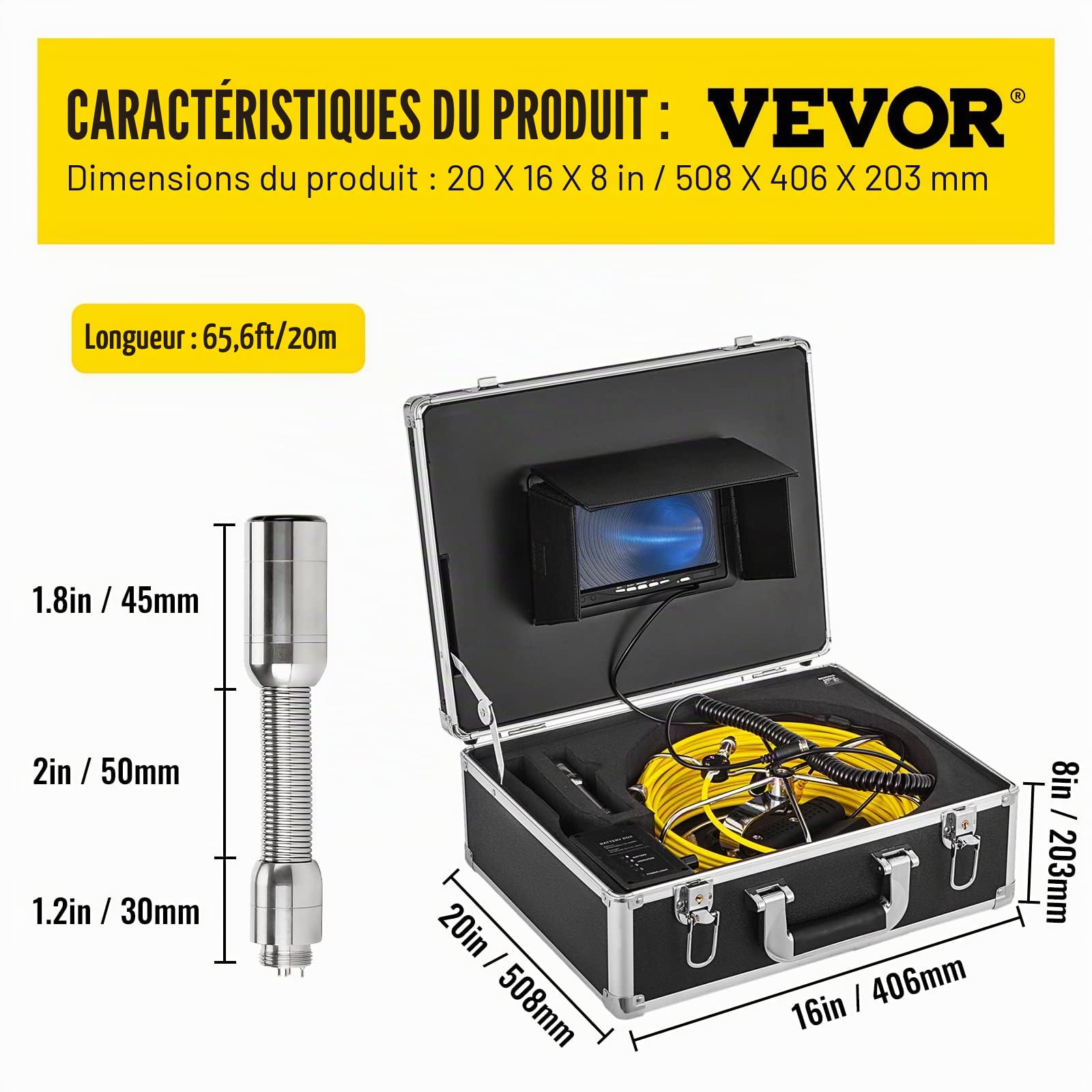 VEVOR Tuyau Caméra 20 m, Appareil-Photo d'Inspection IP68, Boîte à Outils Portable, Moniteur 6 Heures, Vidéo Industrielle d'Inspection Vision de Nuit