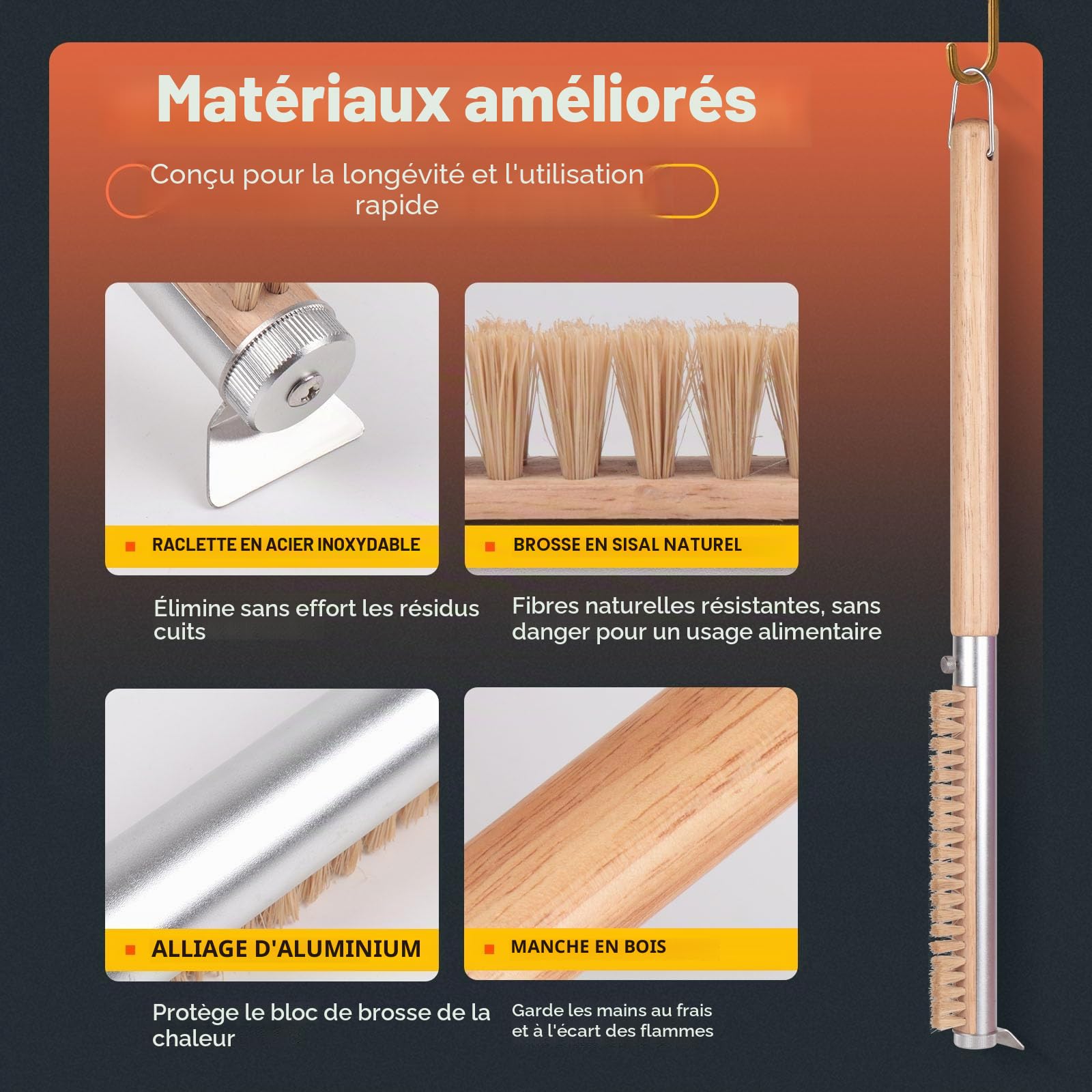 Brosse de four à pizza avec grattoir 52 cm Poils naturels pour nettoyer la pierre à pizza Manche en bois