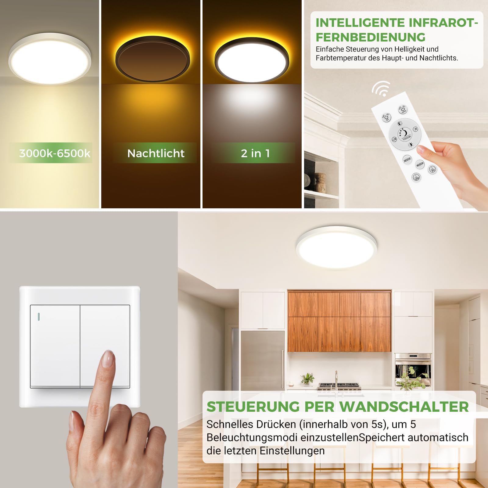 zemty 30W Lampara LED Regulable de 38 CM, Plafon LED con Control Remoto 3000LM, Luz Nocturna 1800K, Luz Led Moderna 3000K-6500K,Ideal para Cocina, Dormitorio y Salón(Blanco, 2 pieza)