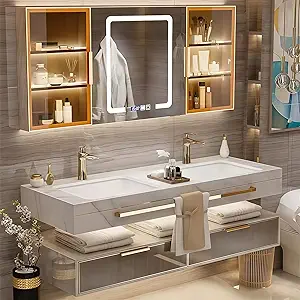Modern Suspended Vanity with Sink, Wall-Mounted Bathroom Vanity with Quartz Countertop, No Assembly Required, Glass Included | LED Smart Demisting Mirror Cabinet, Sensor Light, Open Storage Shelves